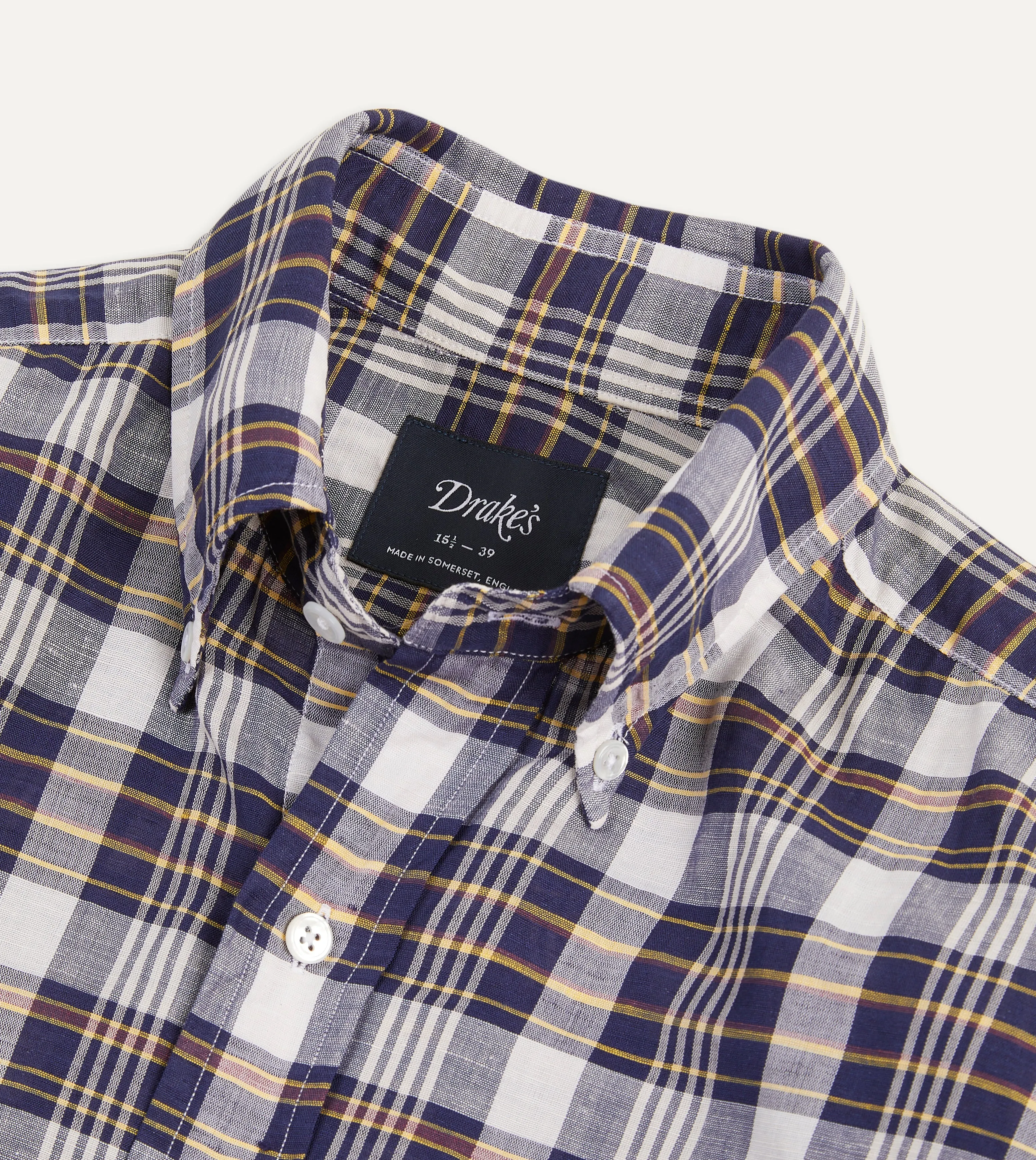 Navy Check Cotton Linen Button-Down Shirt