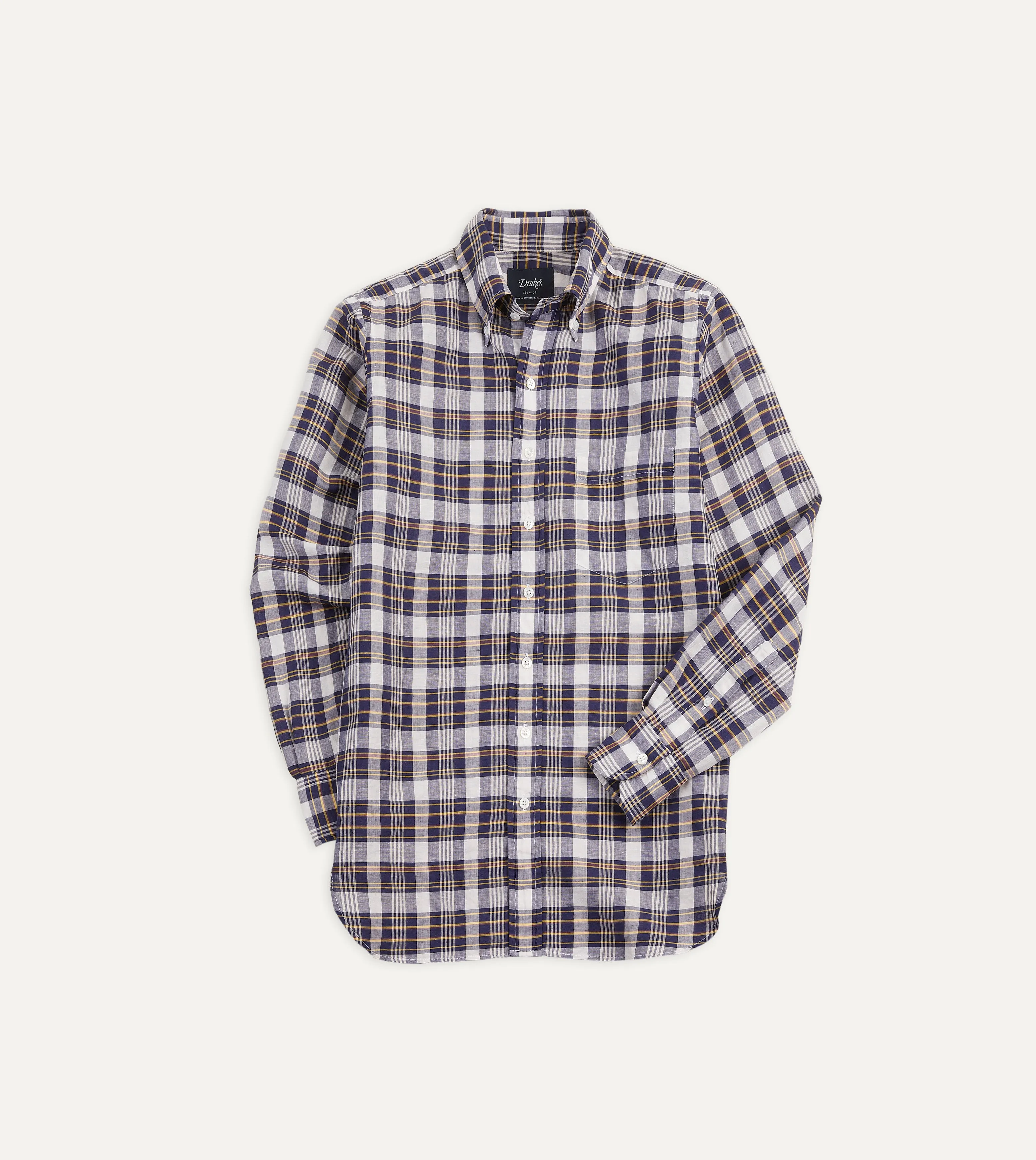 Navy Check Cotton Linen Button-Down Shirt