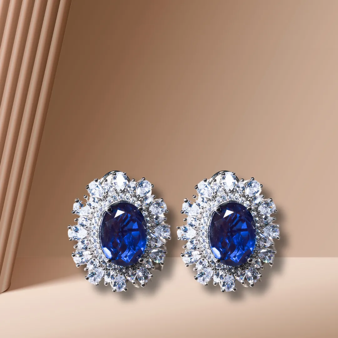 Nouf Sapphire Blue White Gold Statement Studs Indian Jewelry by Jaipur Rose