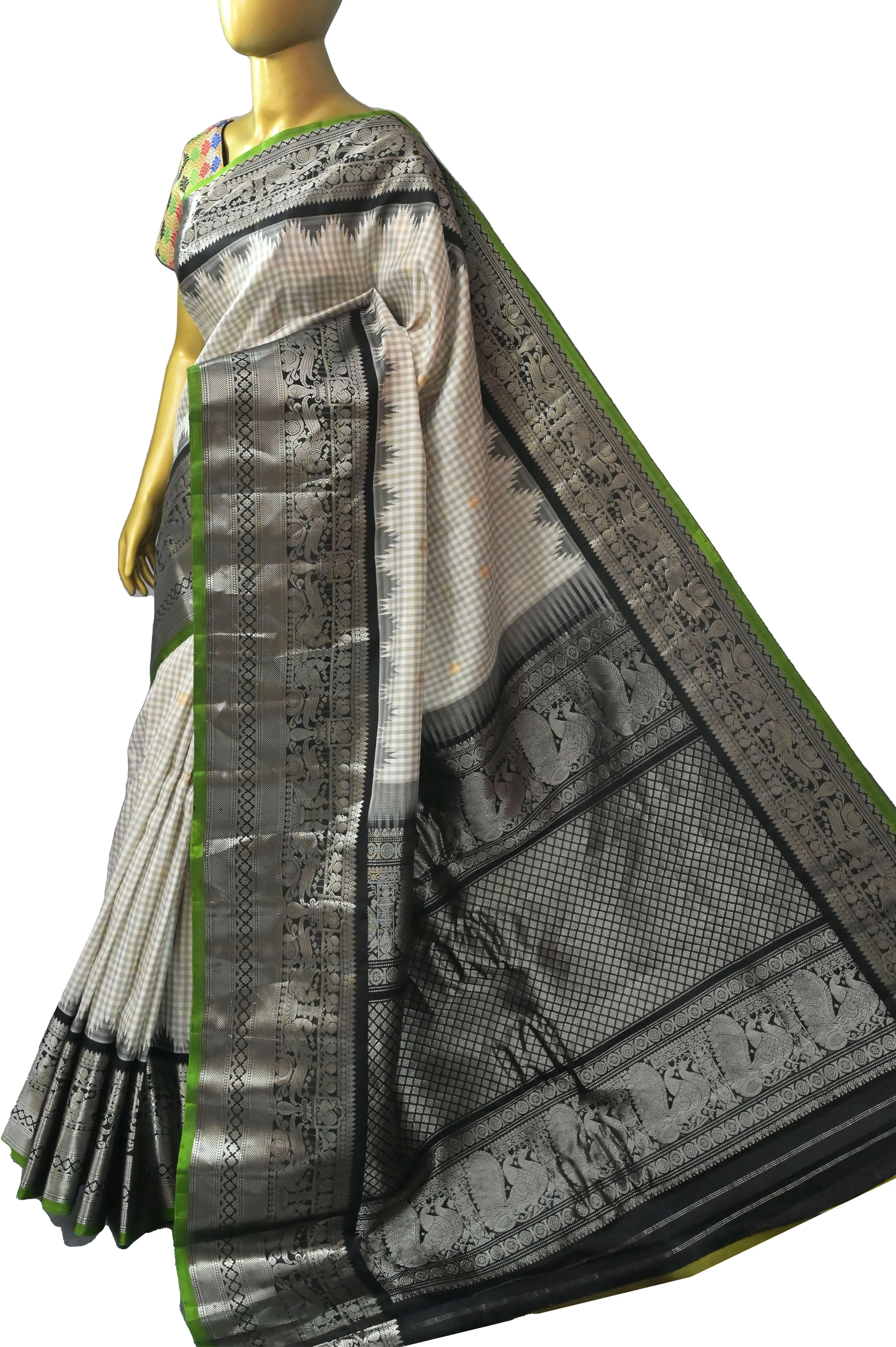 Offwhite and Black Color Pure Gadwal Silk Saree with Small Checks and Broad border