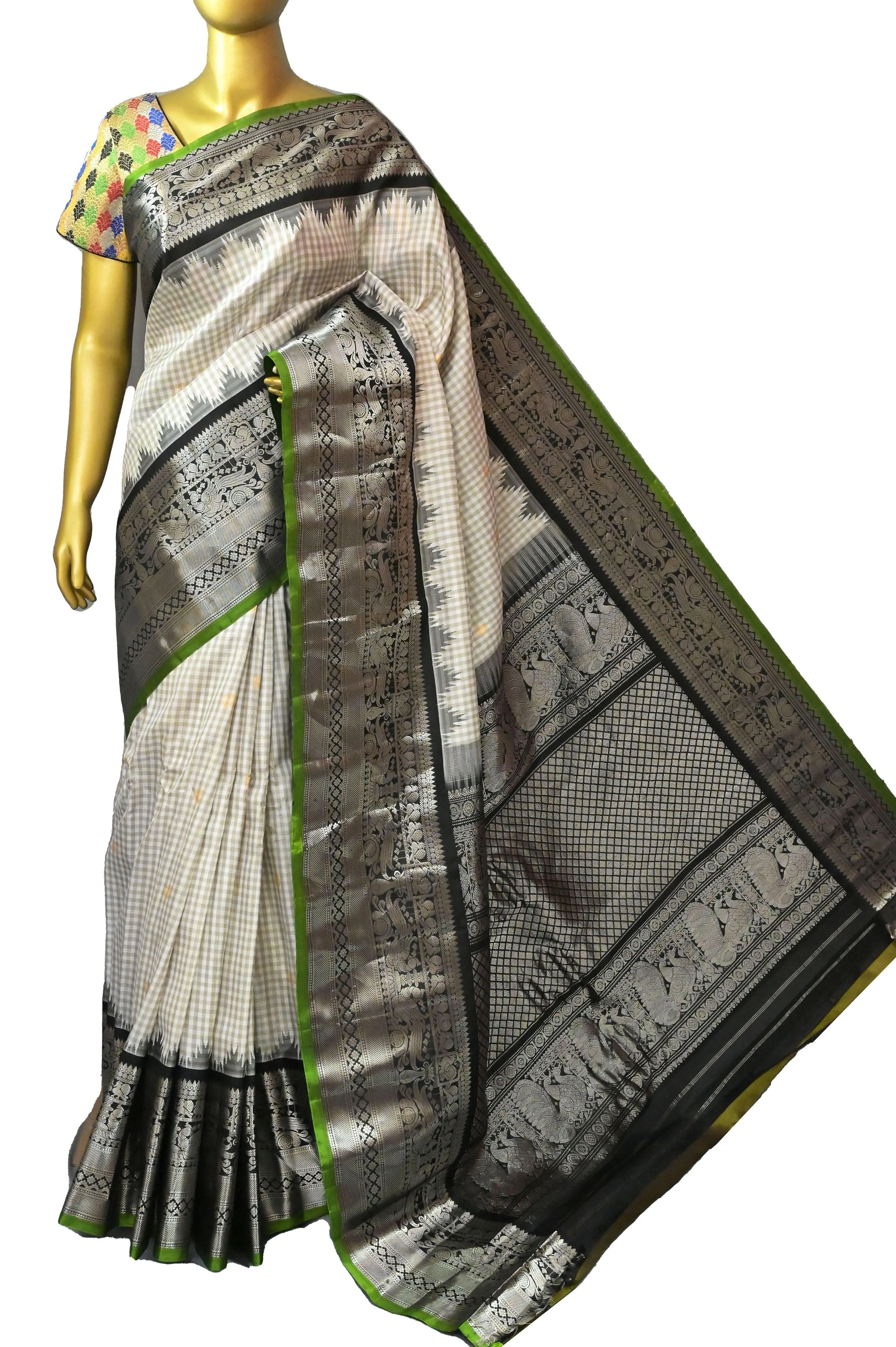 Offwhite and Black Color Pure Gadwal Silk Saree with Small Checks and Broad border