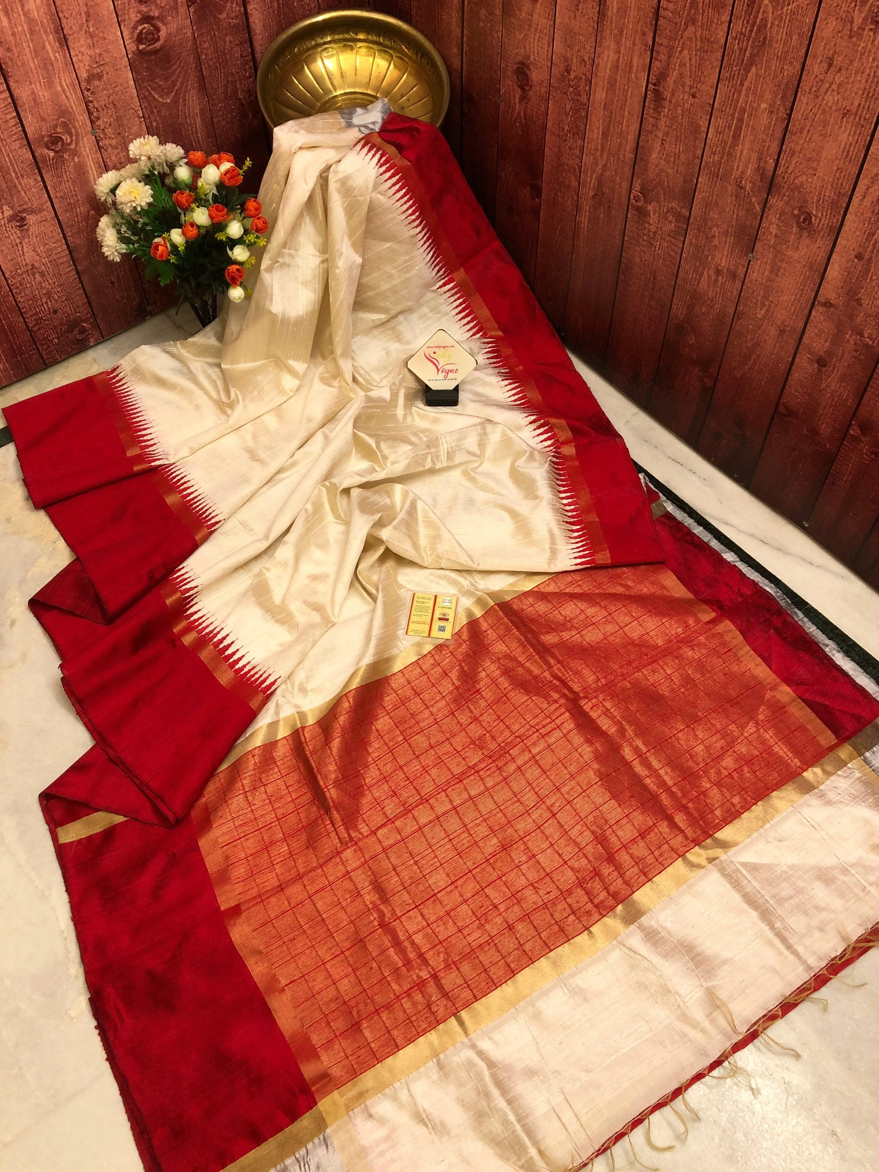 Offwhite and Red Color Pure Raw Silk Saree