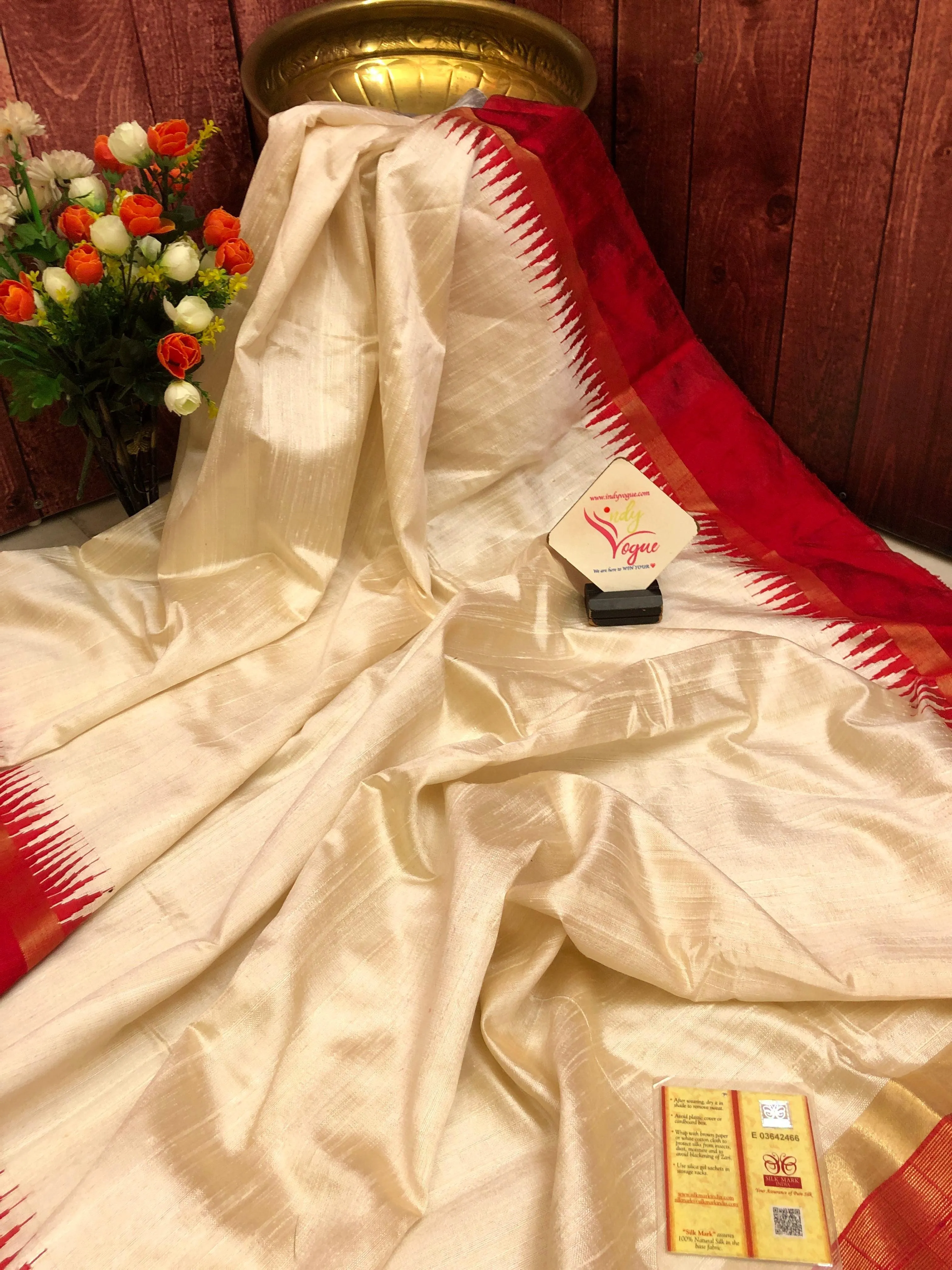 Offwhite and Red Color Pure Raw Silk Saree