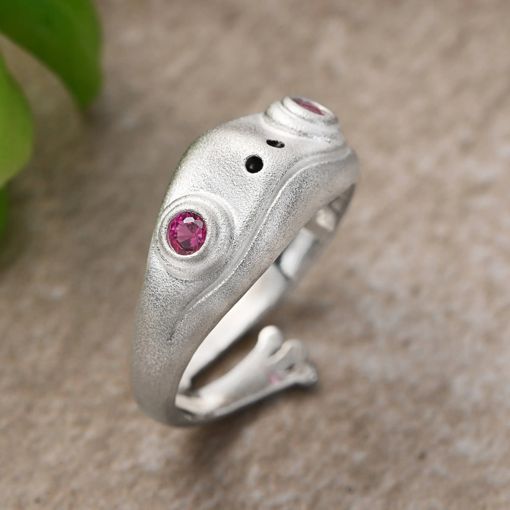 Open Ruby CZ Adjustable Frog Ring Sterling Silver