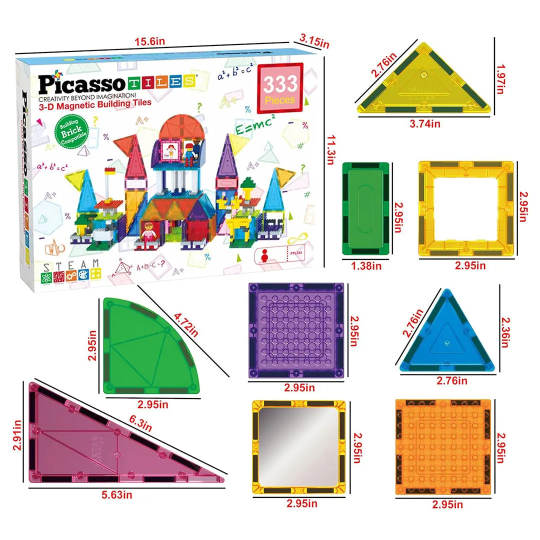 PicassoTiles 333pc Magnetic Tiles and Bricks Combo Children's Play Set