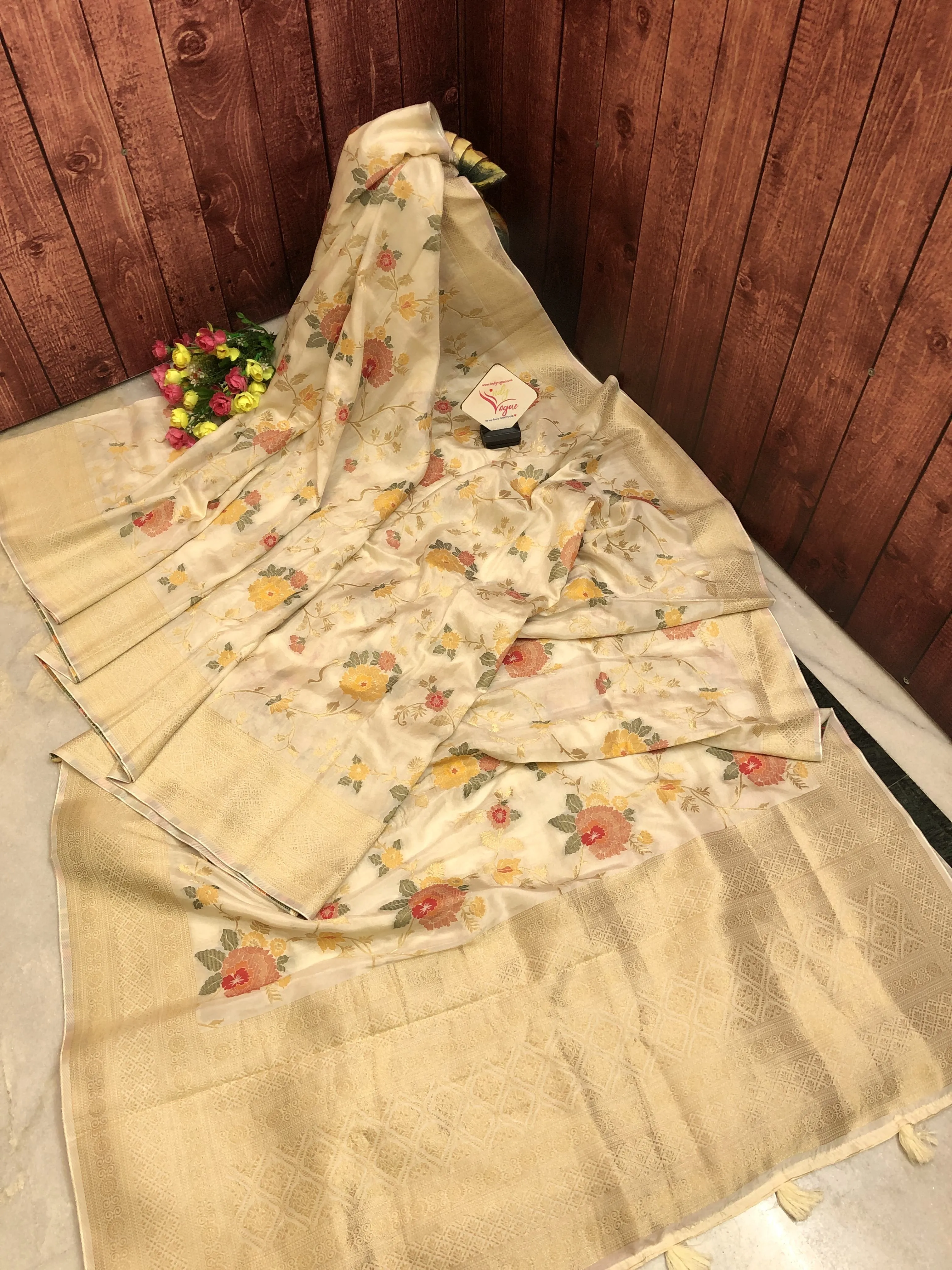 Pure Offwhite Color Muga Banarasi saree with Meenakari Work