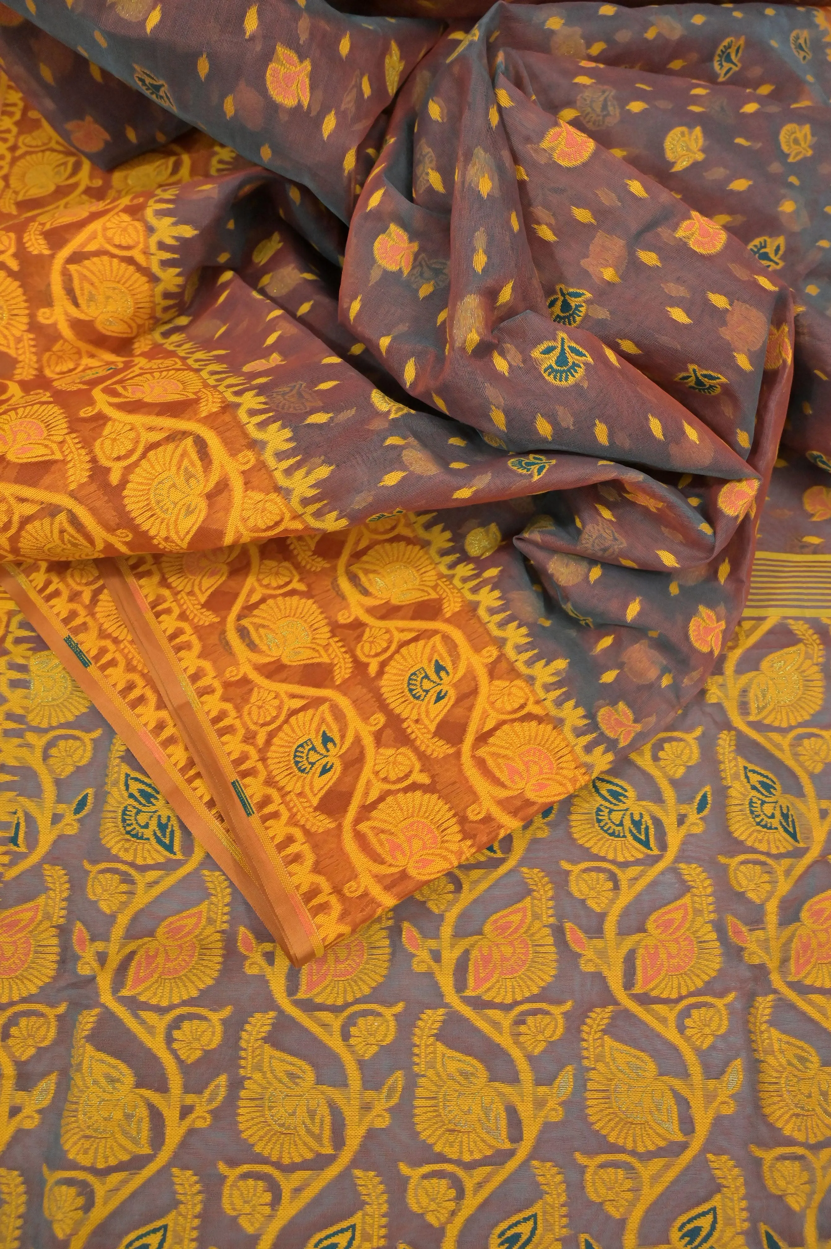 Rama Green and Orange Dual Tone Color Jamdani Saree