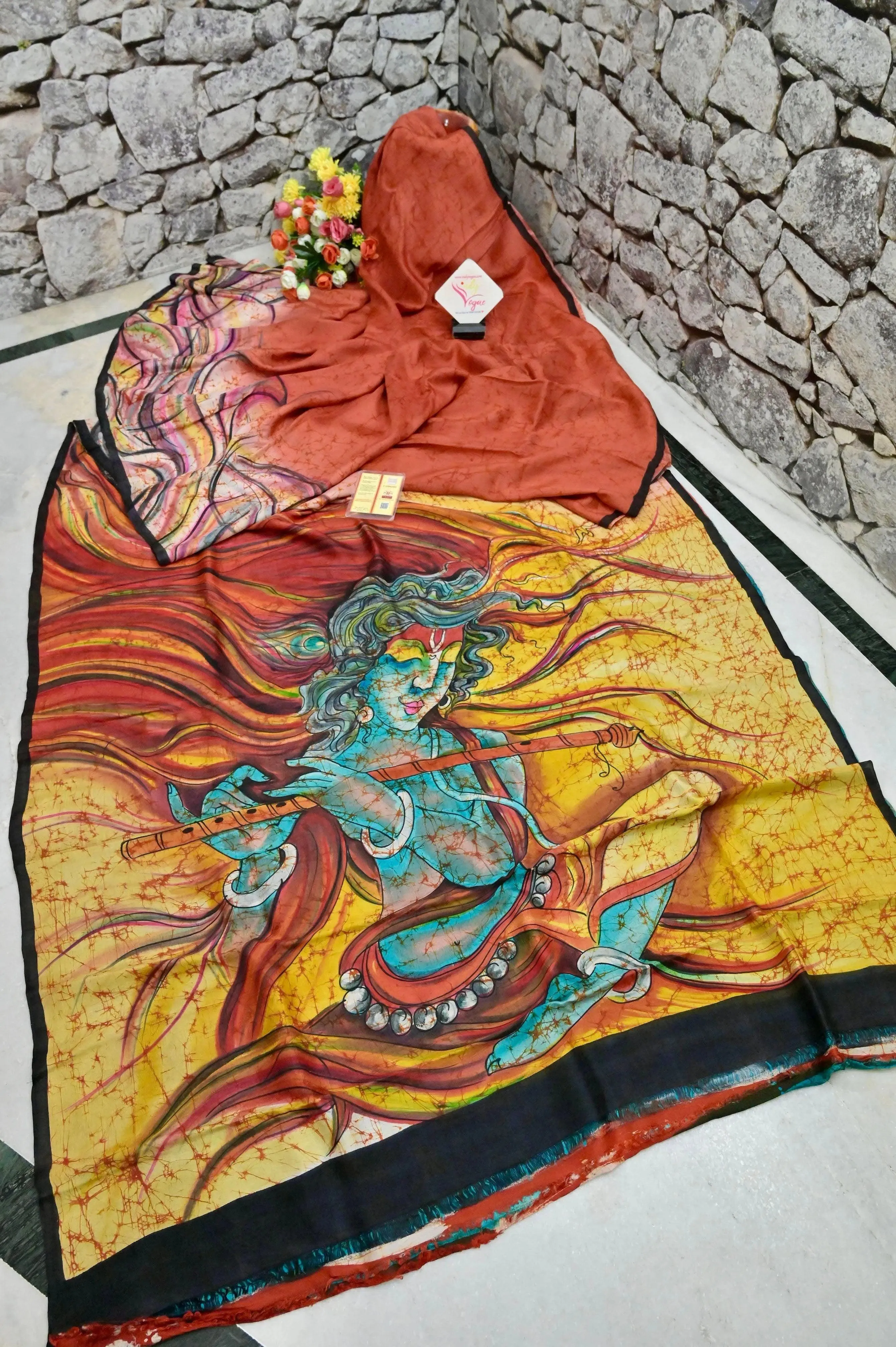 Red and Multicolor Pure Bishnupur Katan Silk Saree with Wax Batik and Hand Paint