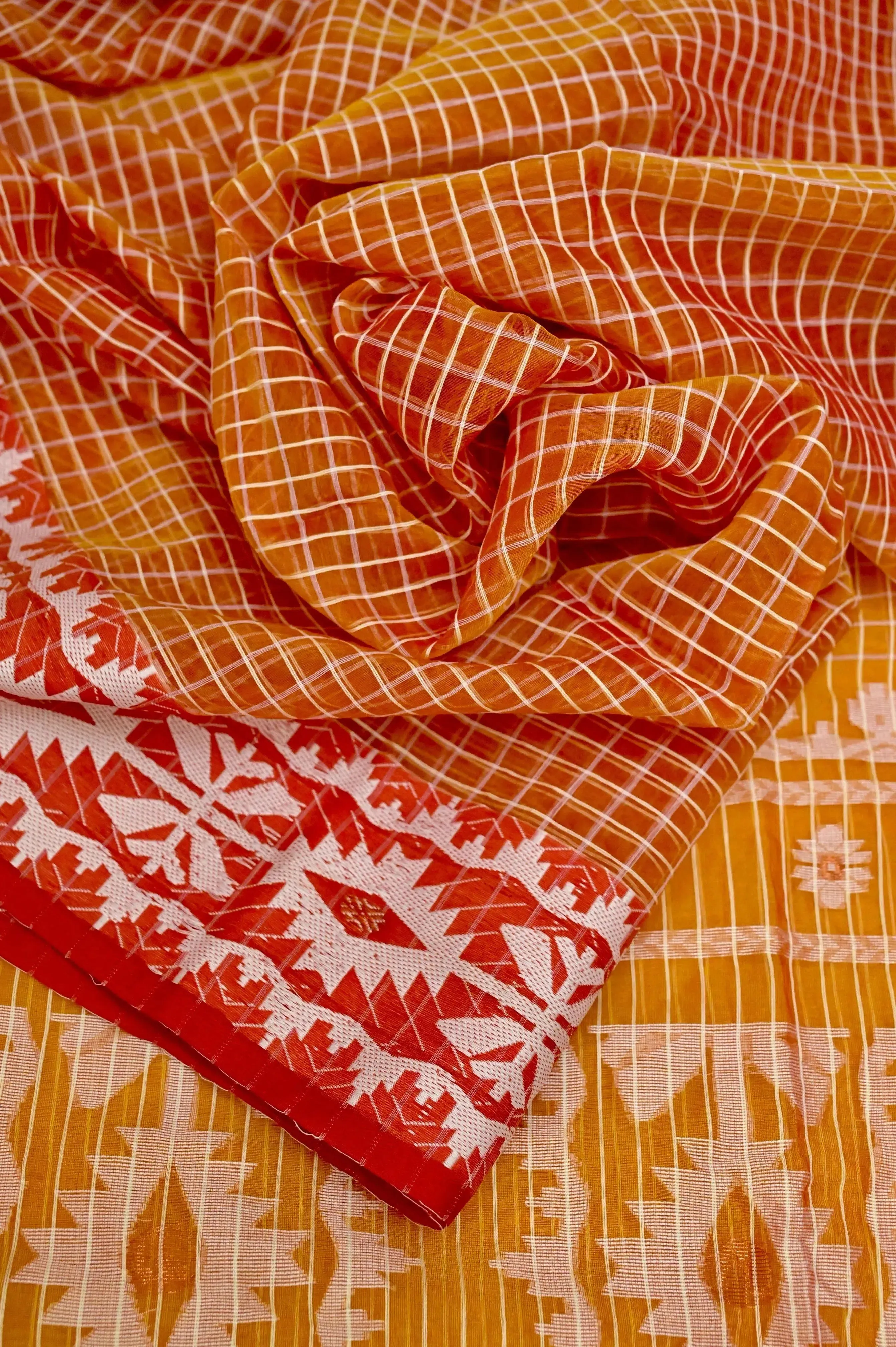 Red and Yellow Color Muslin Jamdani Saree with Check Work