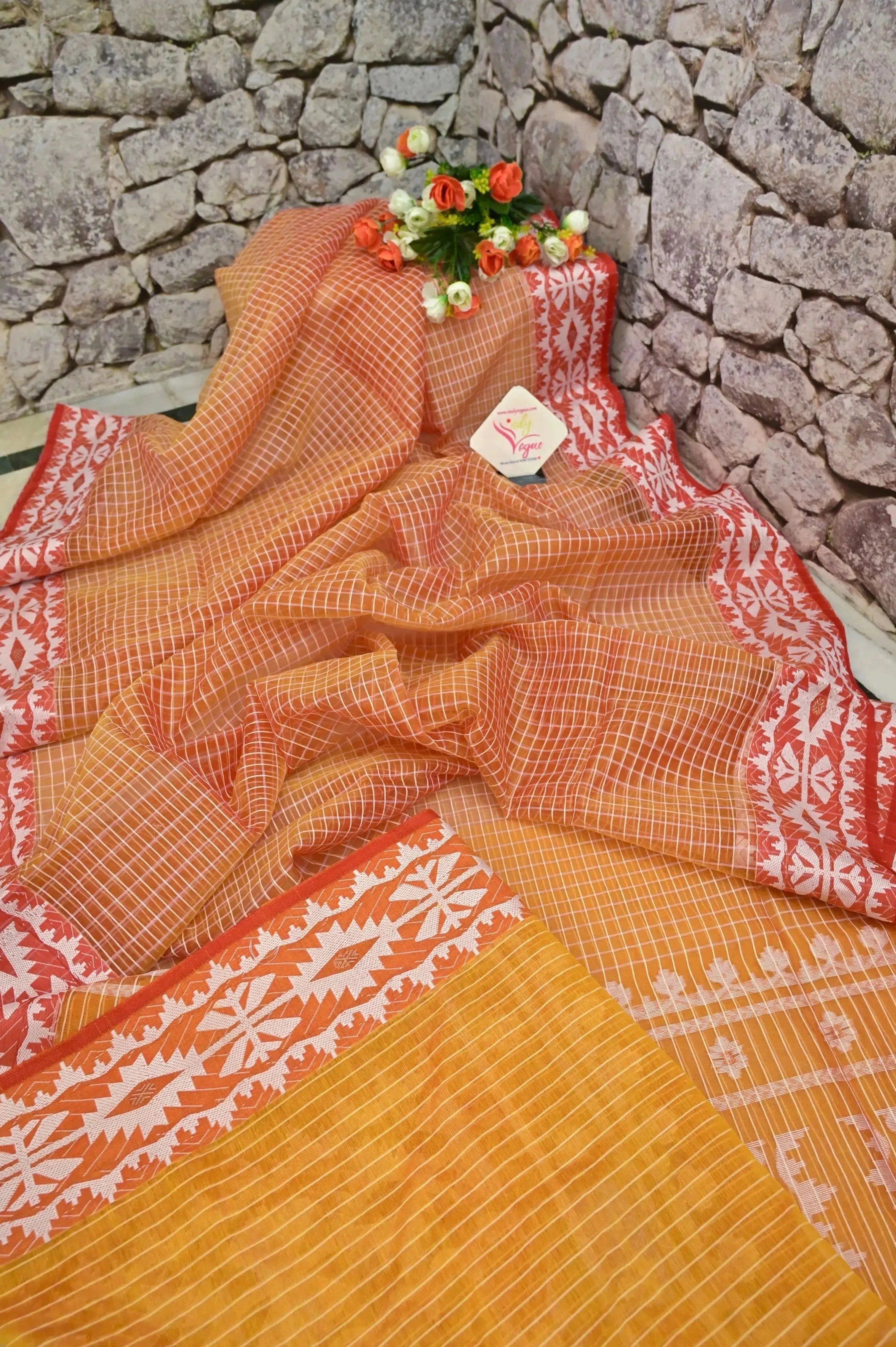 Red and Yellow Color Muslin Jamdani Saree with Check Work