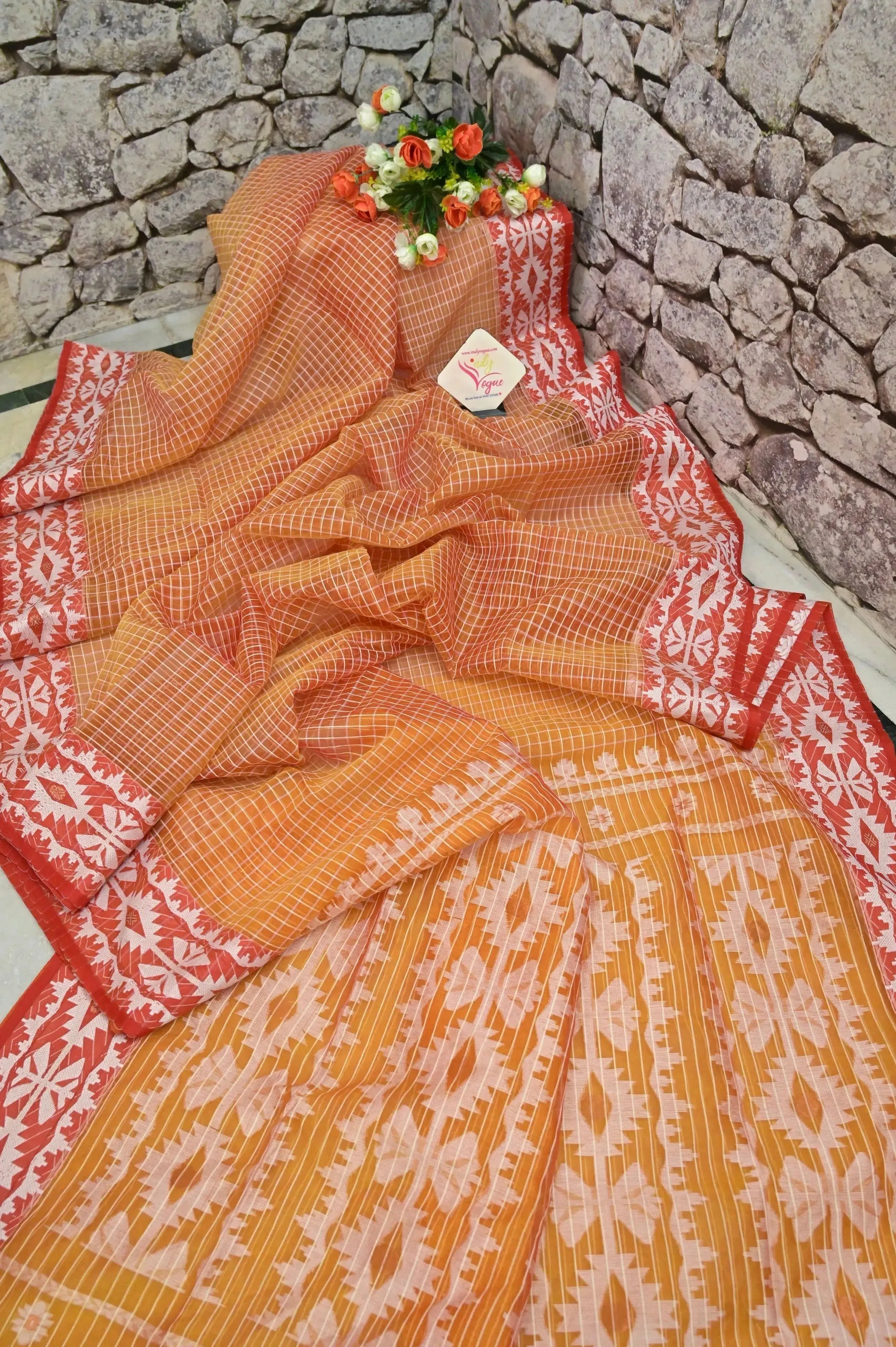 Red and Yellow Color Muslin Jamdani Saree with Check Work