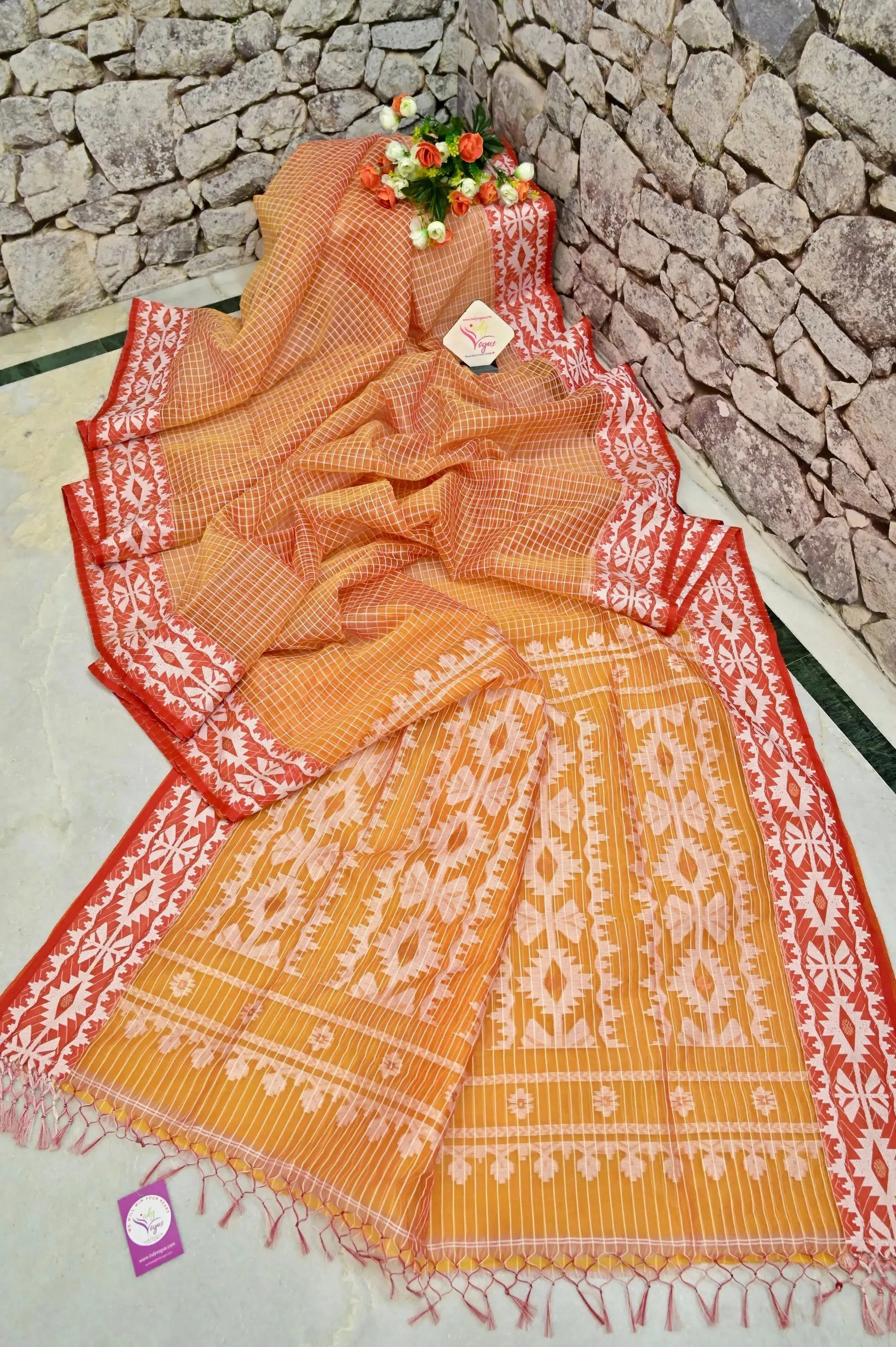 Red and Yellow Color Muslin Jamdani Saree with Check Work