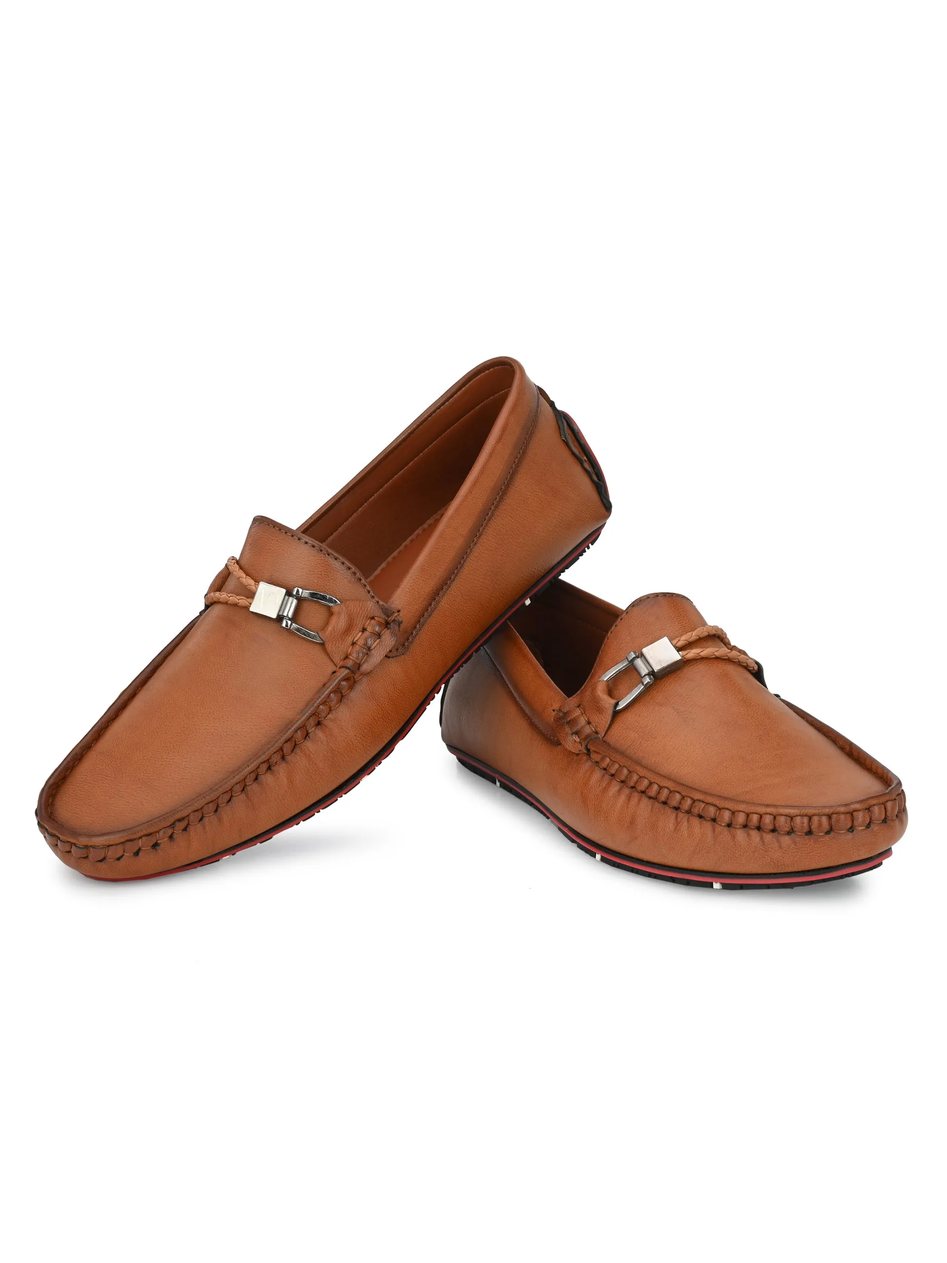 Round Toe Buckle Tan Loafers