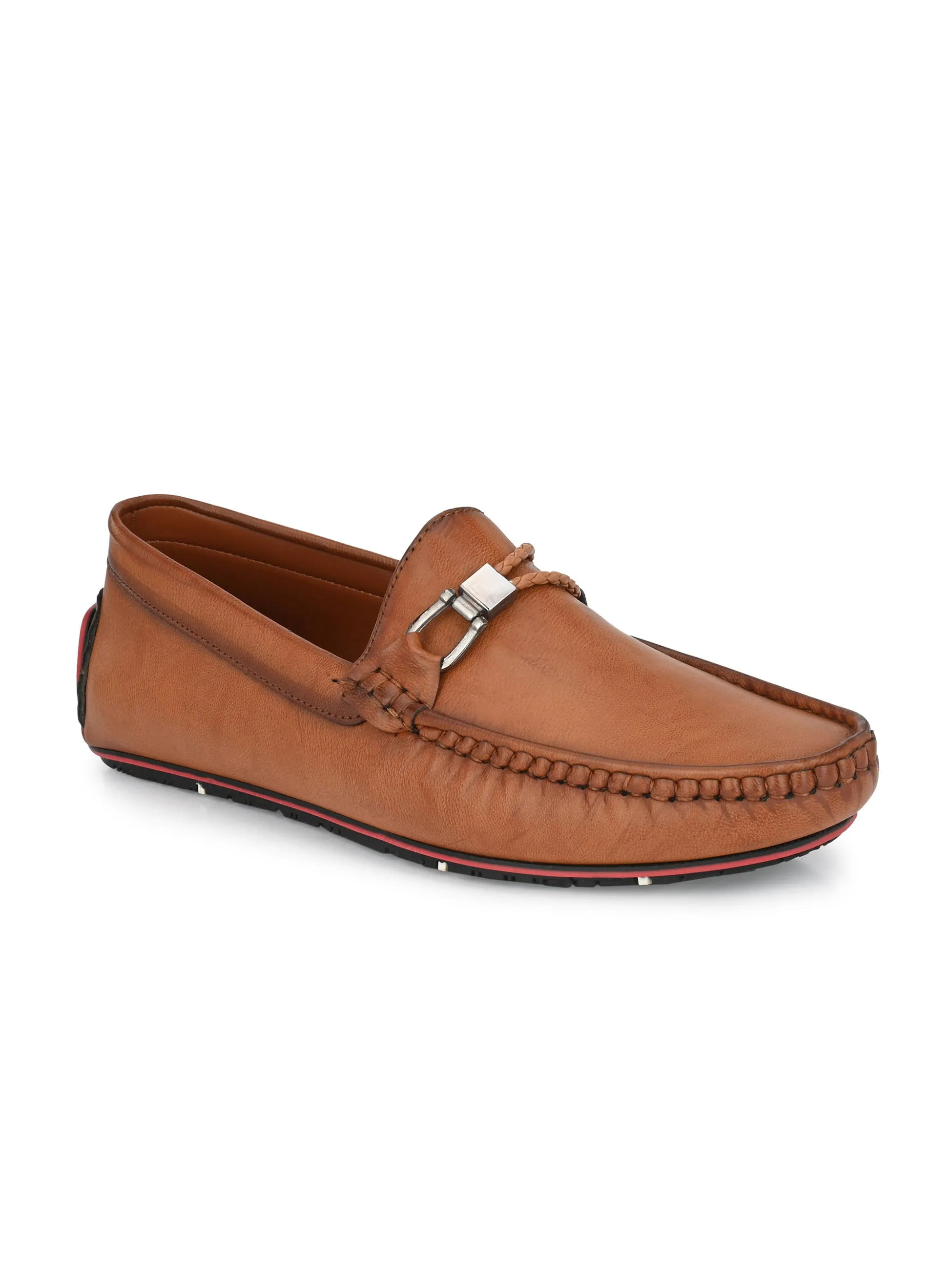 Round Toe Buckle Tan Loafers