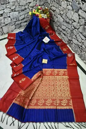 Royal Blue Color Pure Raw Silk Saree with Allover Golden Zari Checks and Zari Weaving