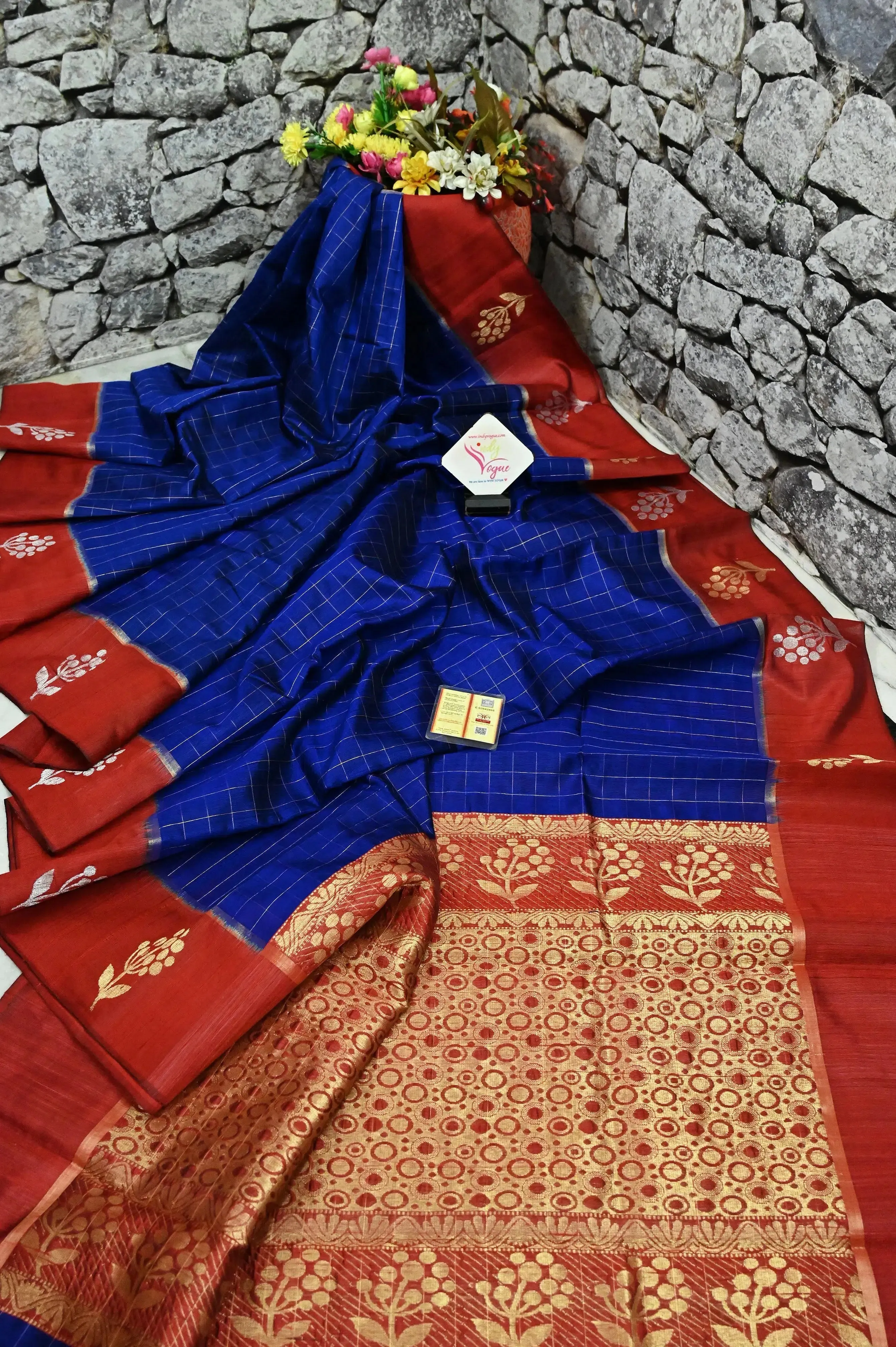 Royal Blue Color Pure Raw Silk Saree with Allover Golden Zari Checks and Zari Weaving