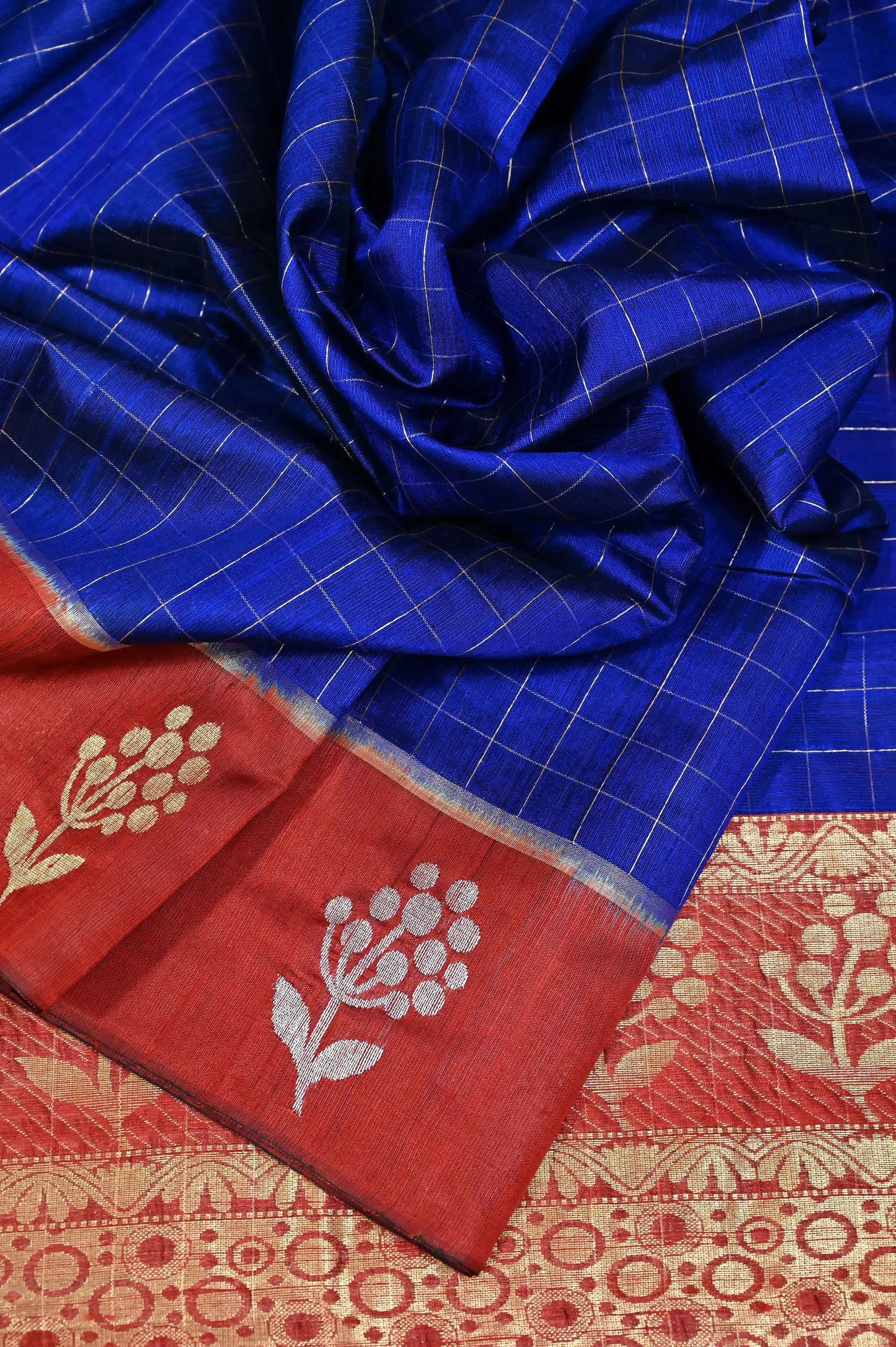 Royal Blue Color Pure Raw Silk Saree with Allover Golden Zari Checks and Zari Weaving