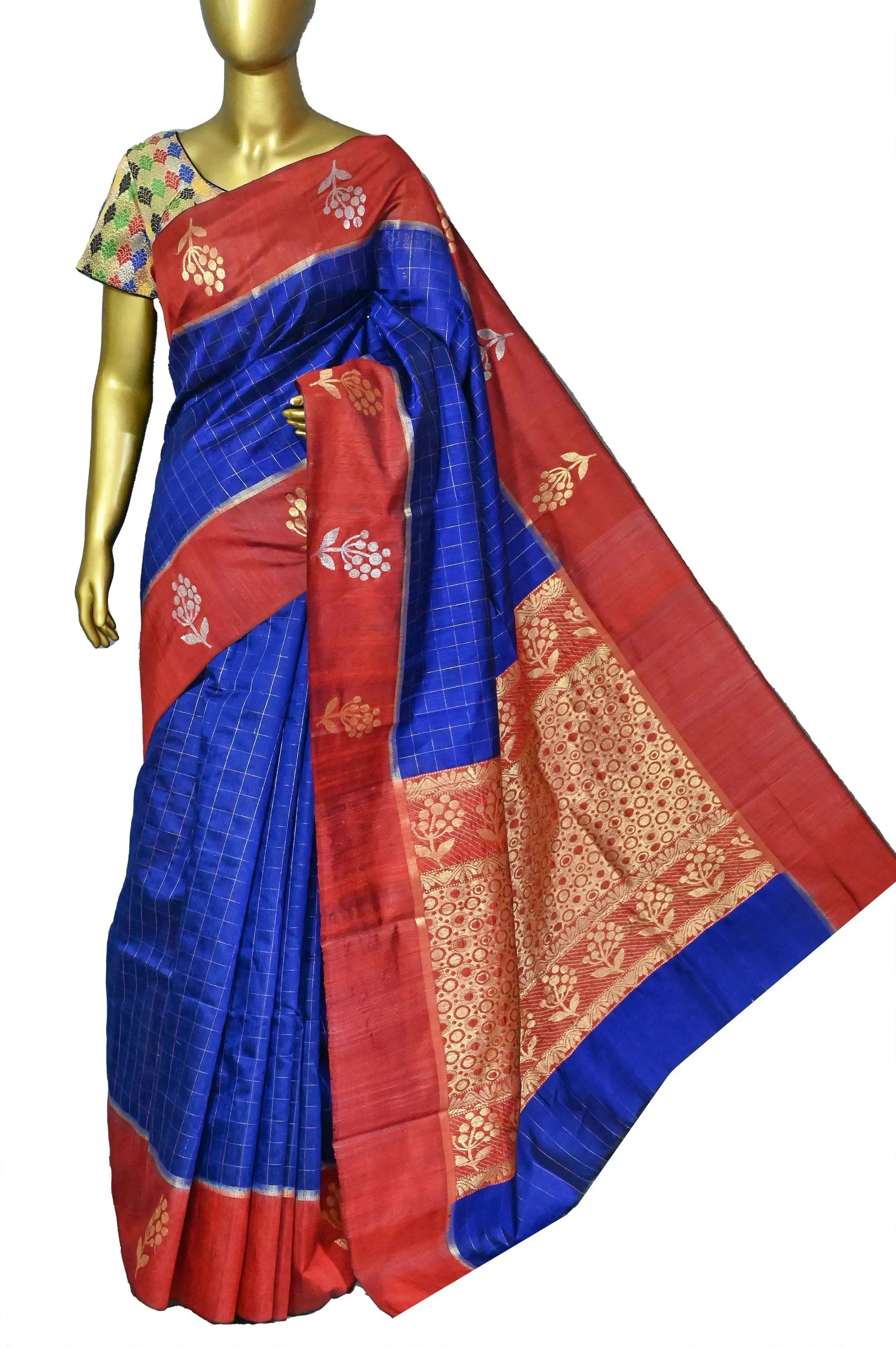 Royal Blue Color Pure Raw Silk Saree with Allover Golden Zari Checks and Zari Weaving