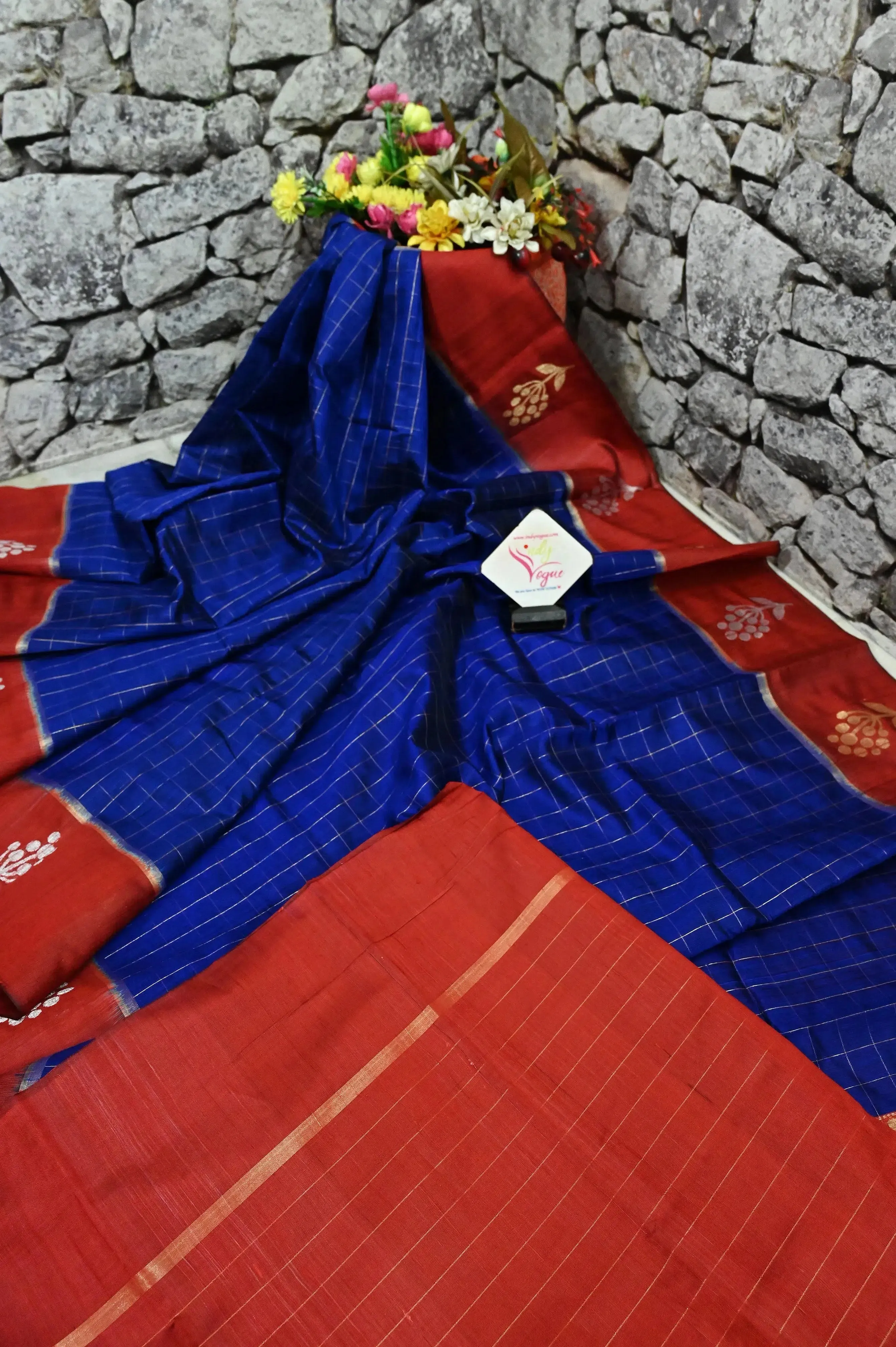 Royal Blue Color Pure Raw Silk Saree with Allover Golden Zari Checks and Zari Weaving