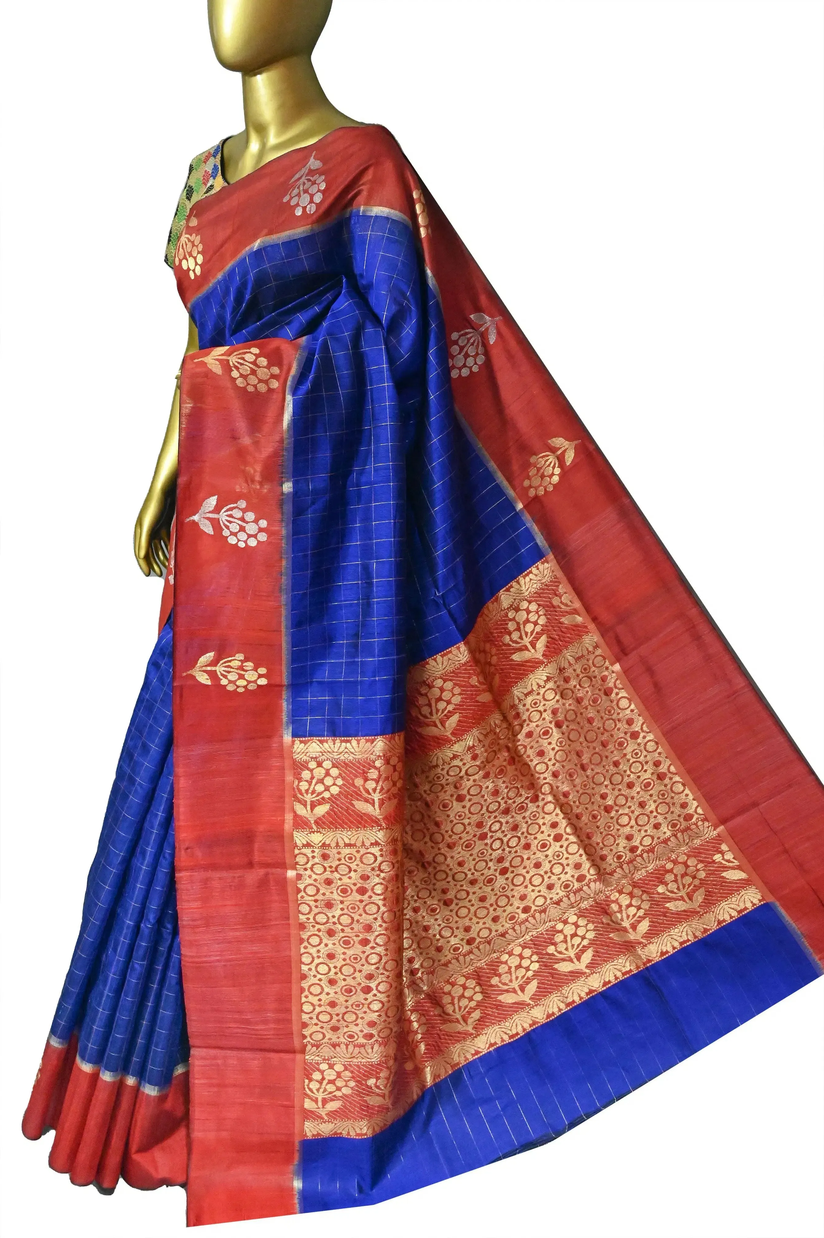 Royal Blue Color Pure Raw Silk Saree with Allover Golden Zari Checks and Zari Weaving