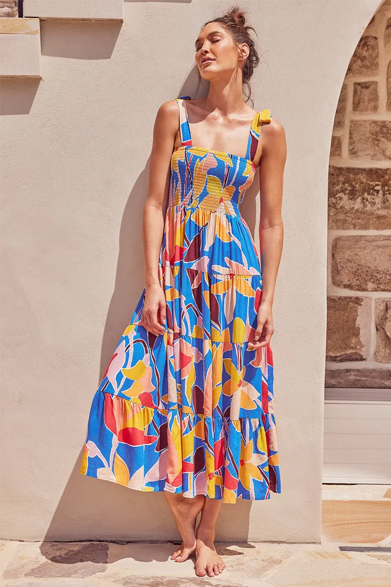 Ruched Bust Print Maxi Dress Tie Shoulder