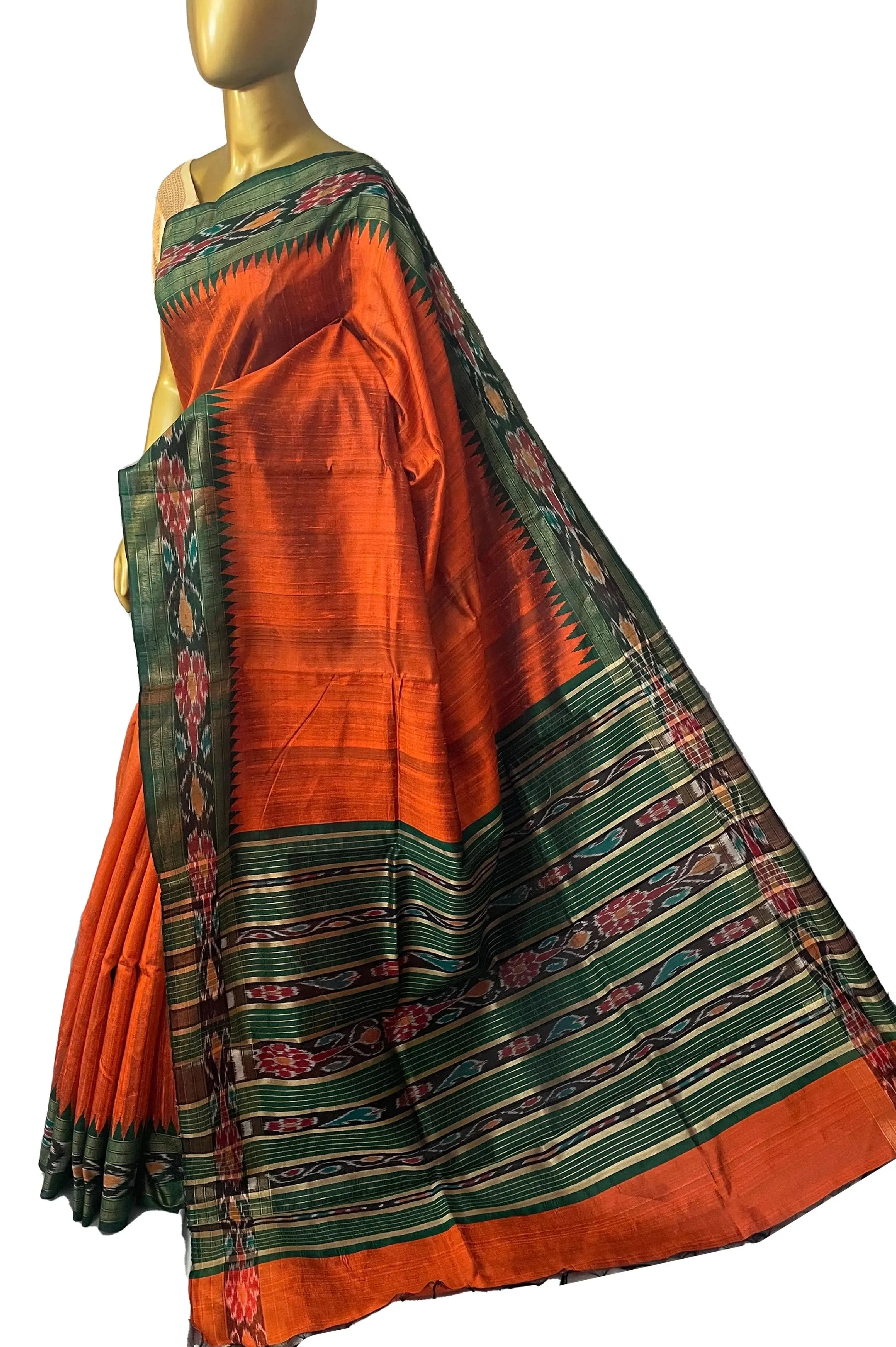 Rust Orange Color Pure Raw Silk Saree with Sambalpuri Pallu and Border