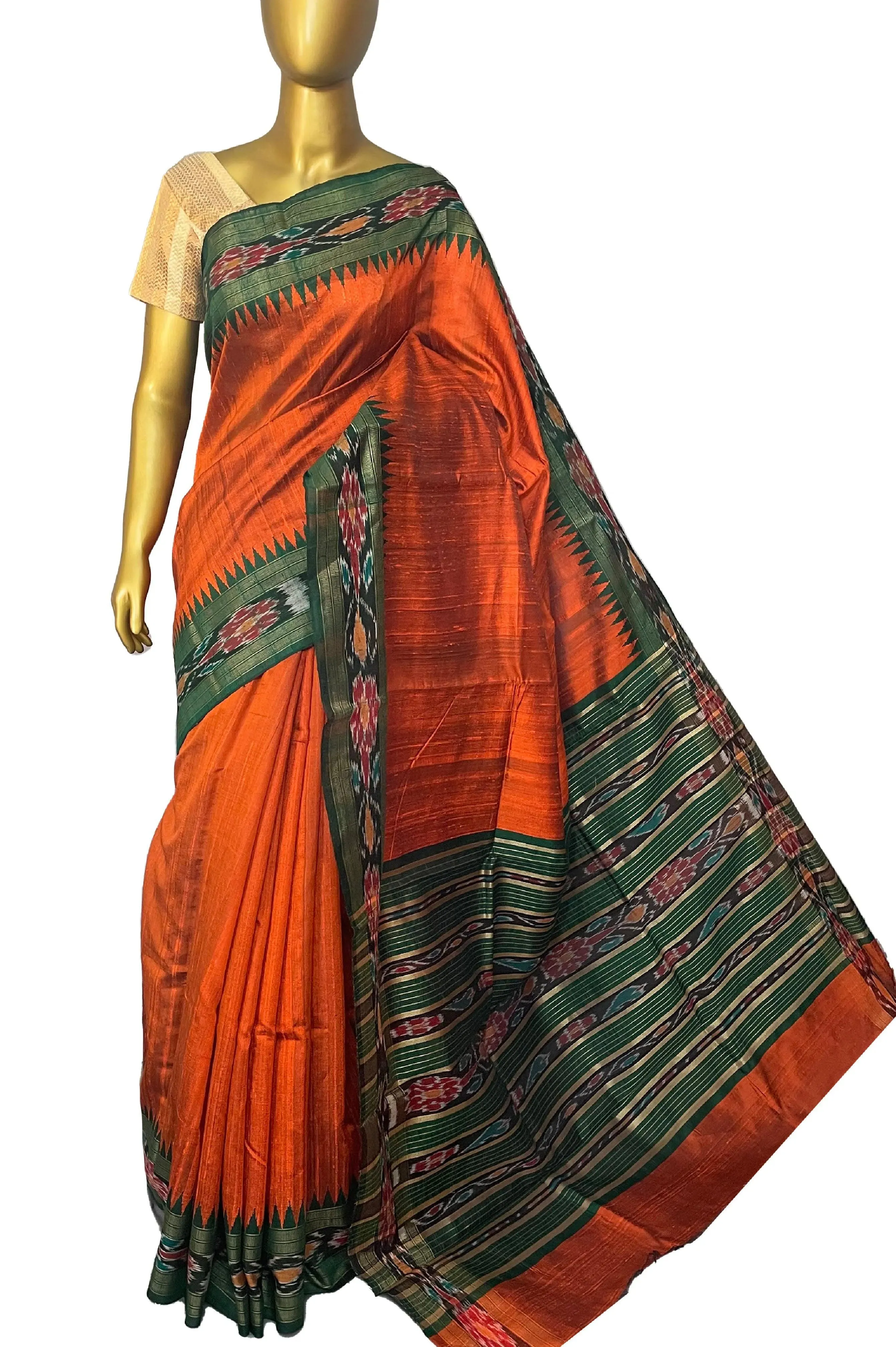 Rust Orange Color Pure Raw Silk Saree with Sambalpuri Pallu and Border