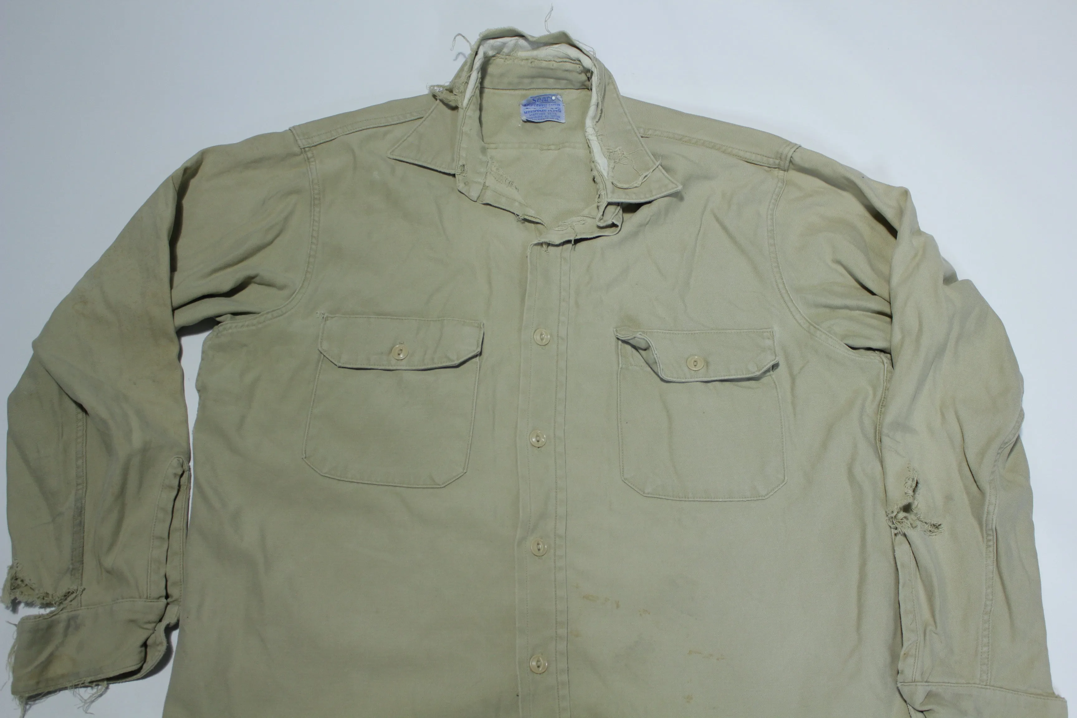 Sear Mountain Cloth Vintage Sanforized 60's Work Button Up Khaki Shirt