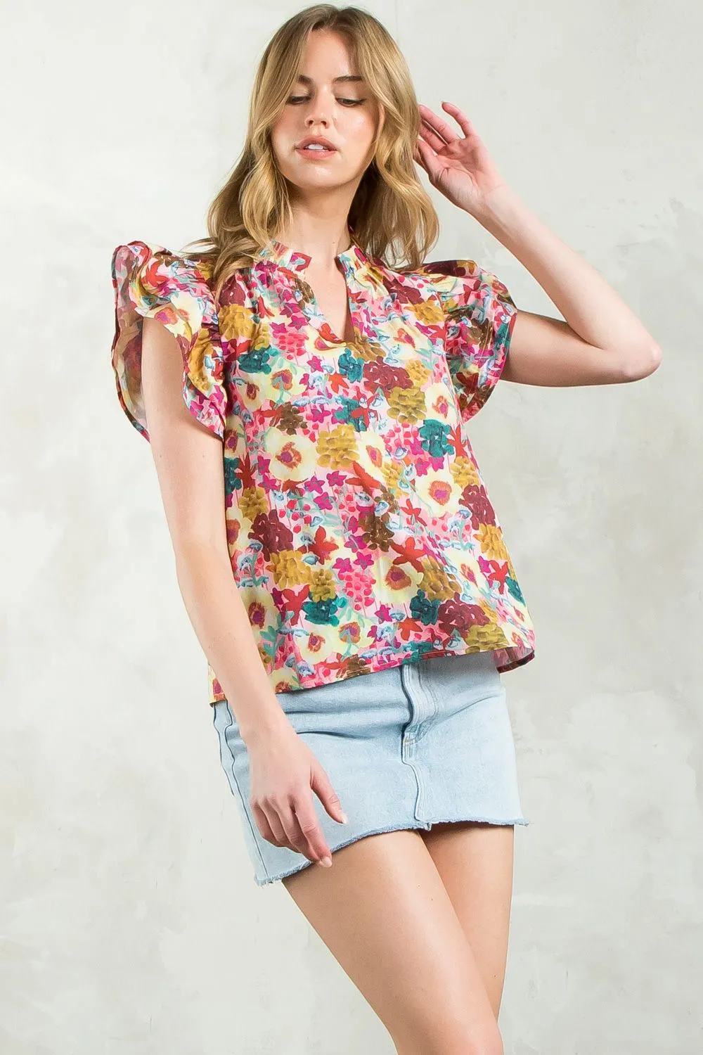 Shauna Flutter Sleeve Floral THML Top