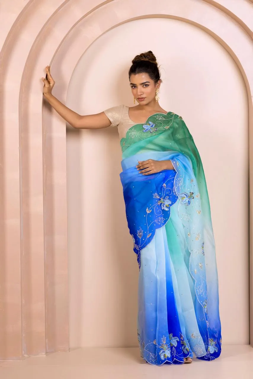 Silk Organza Saree with Hand Block Print and Embroidery