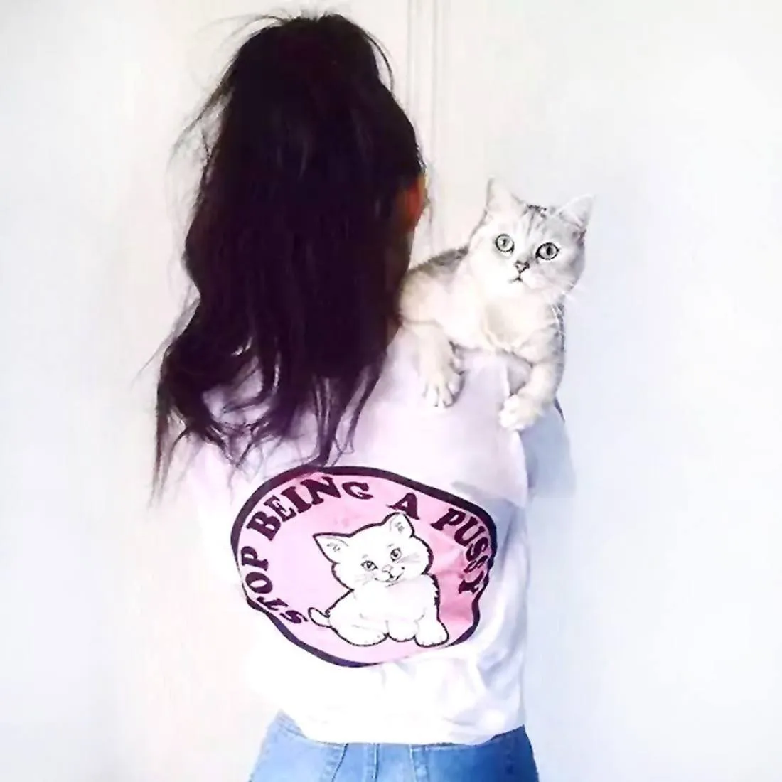 Stop Being A Pussy (Cat) Long Graphic Tee T-Shirts in White