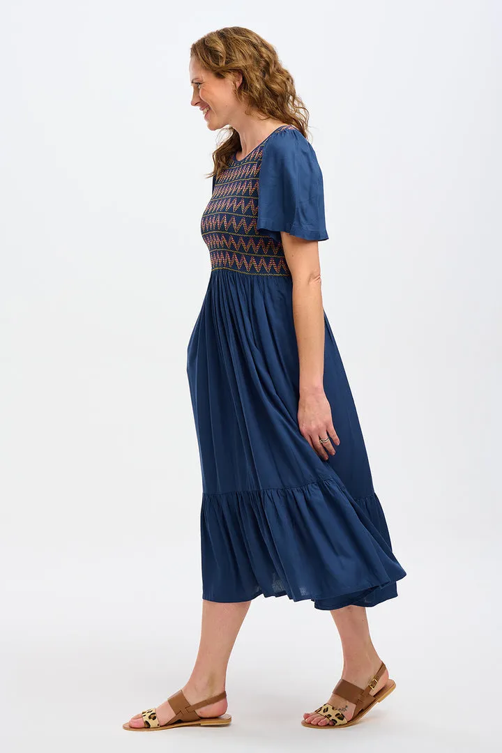 Sugarhill Brighton Brielle Washed Navy Zigzag Shirring Midi Shirred Dress