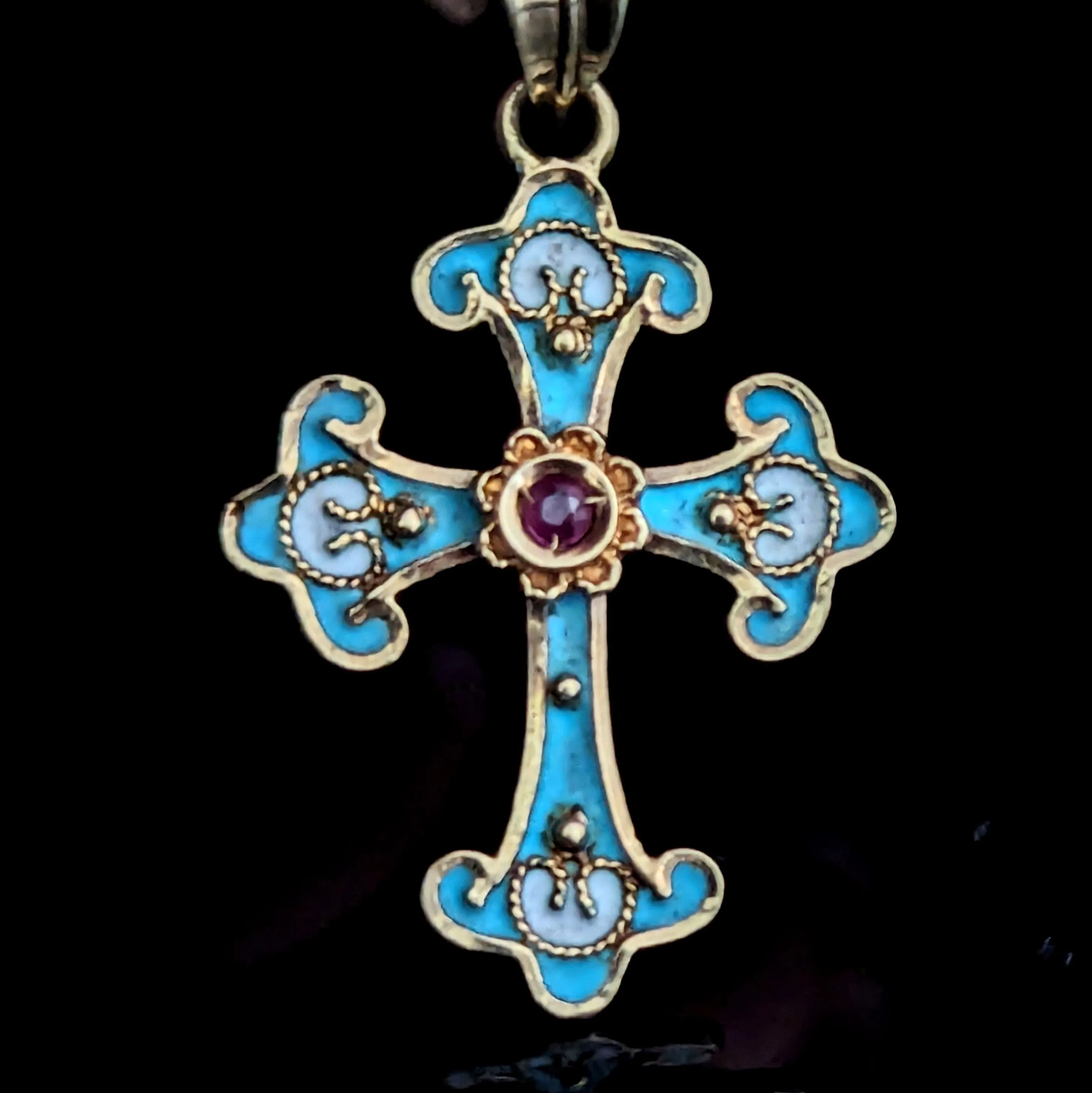 The Epping - Vintage Ruby Enamel 18k Gold Cross Pendant on 14k Gold Chain