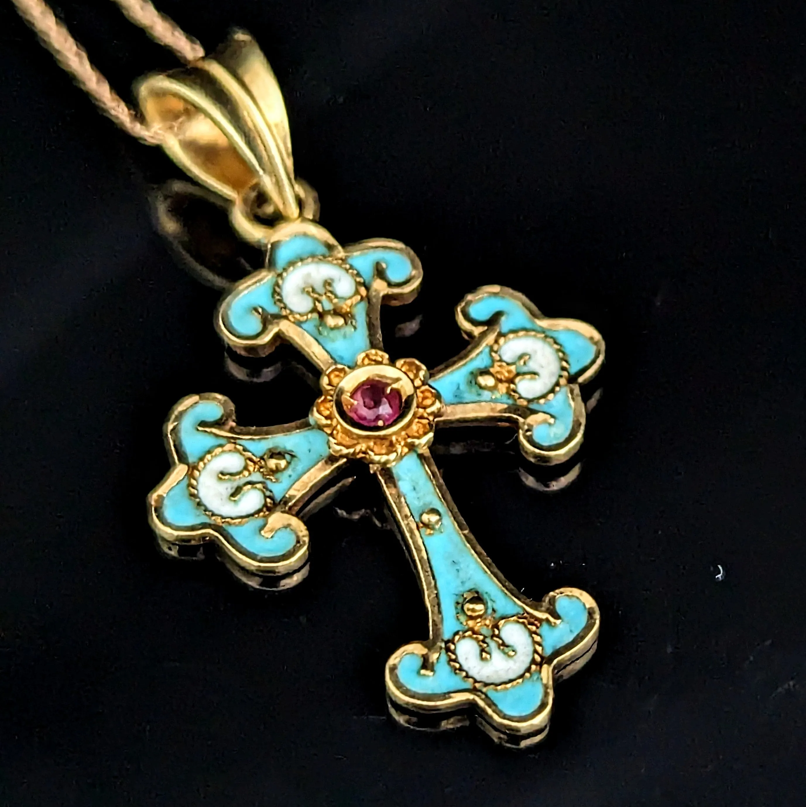 The Epping - Vintage Ruby Enamel 18k Gold Cross Pendant on 14k Gold Chain