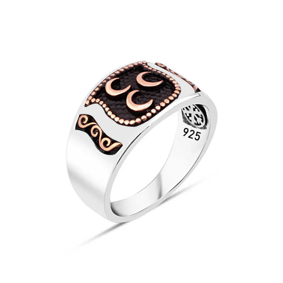 Three Moon Symbol on Wedding Band Silver Men's Ring