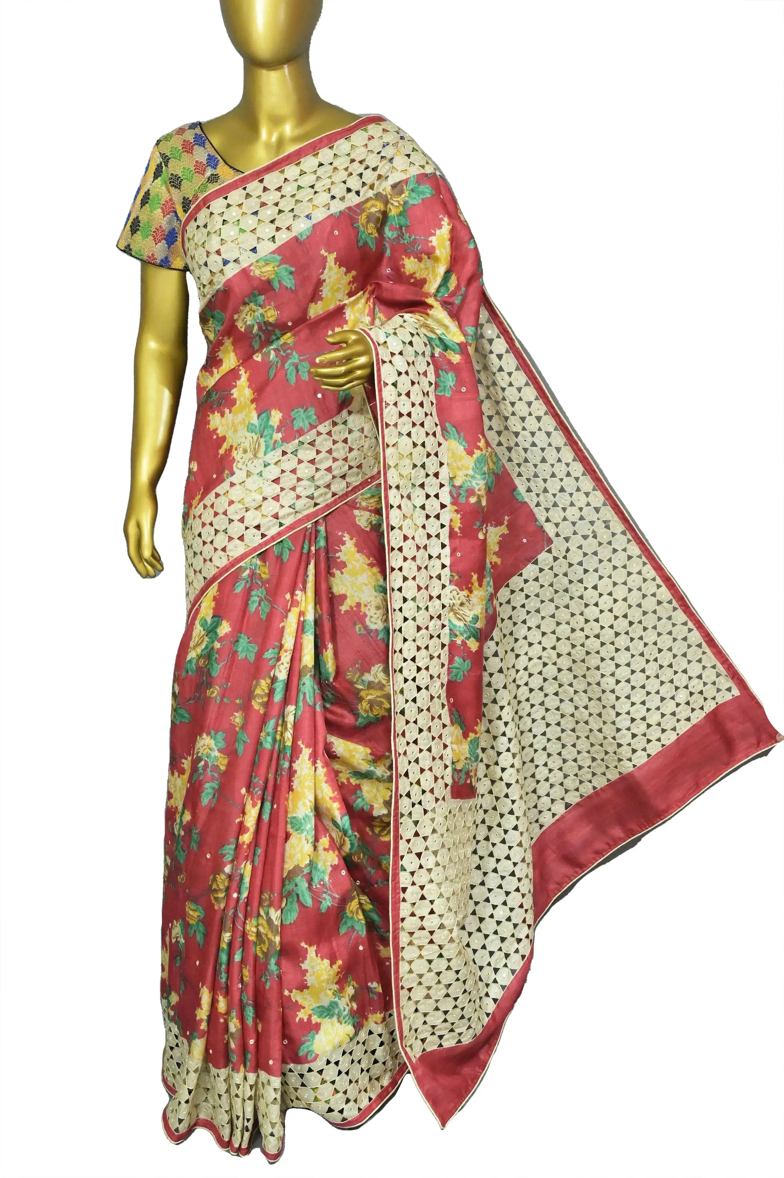 Tomato Red Color Tussar Silk Saree with Digital Print and Hand Cutwork Pallu with Mirror Work