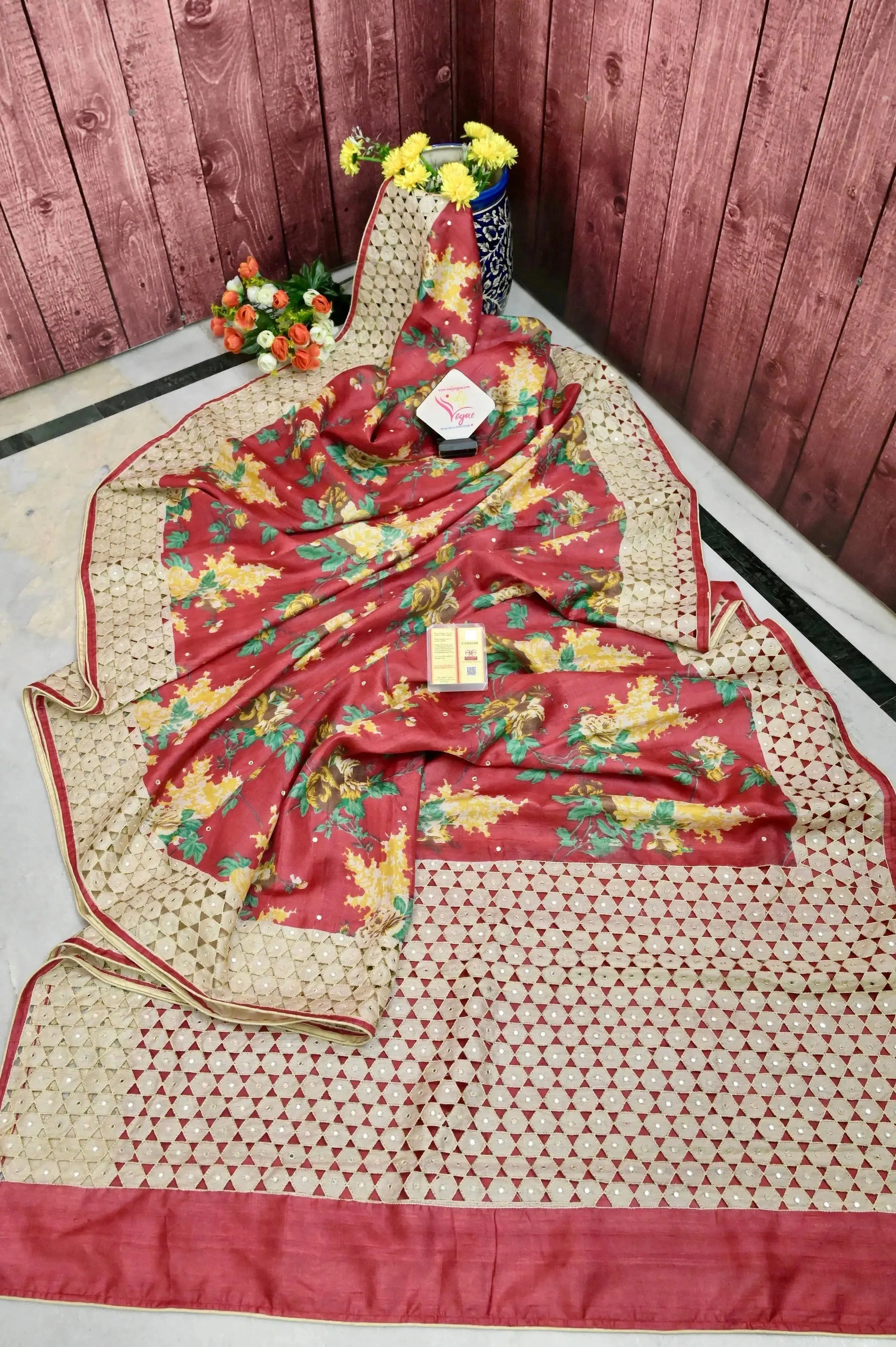 Tomato Red Color Tussar Silk Saree with Digital Print and Hand Cutwork Pallu with Mirror Work