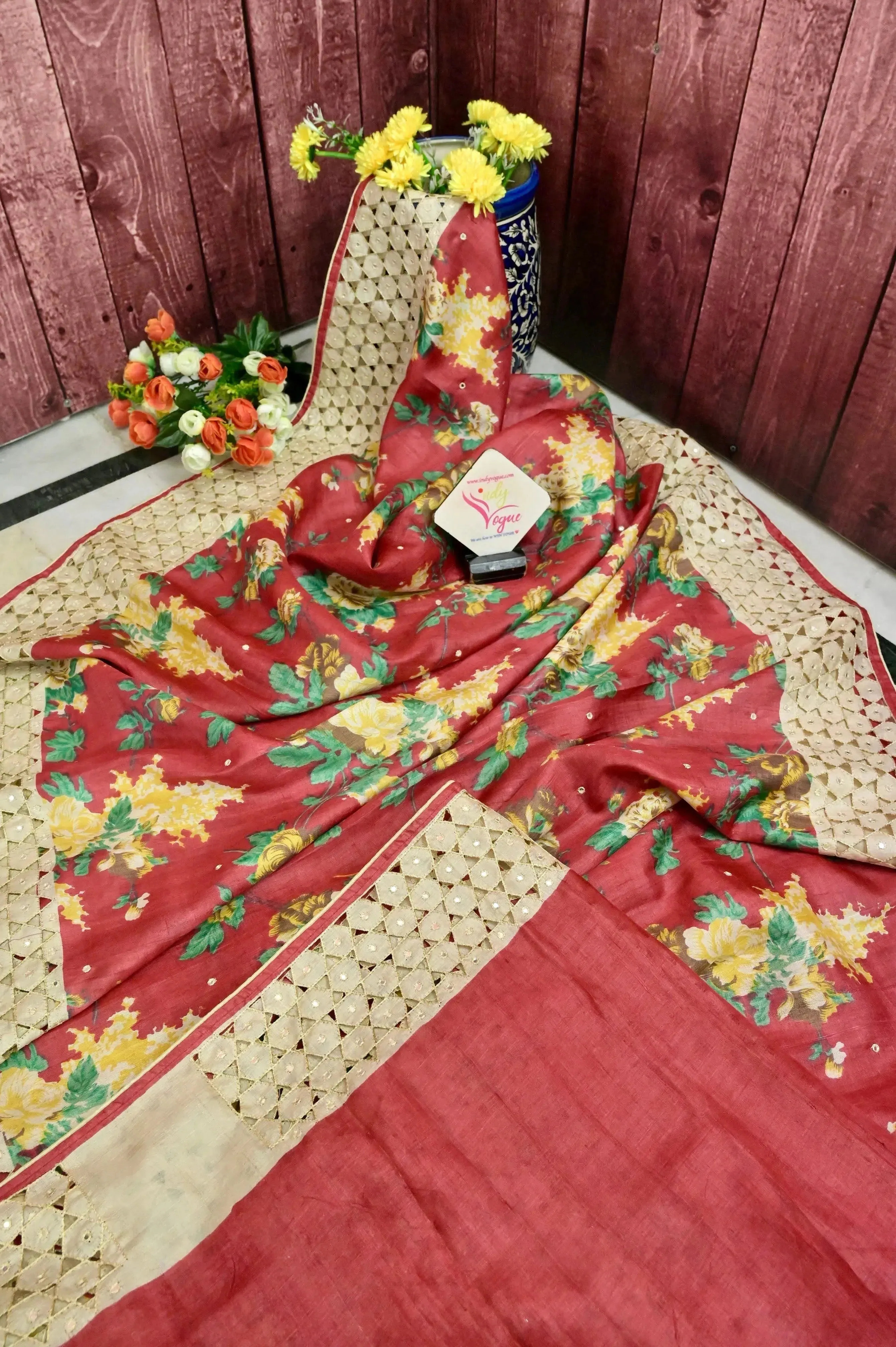 Tomato Red Color Tussar Silk Saree with Digital Print and Hand Cutwork Pallu with Mirror Work