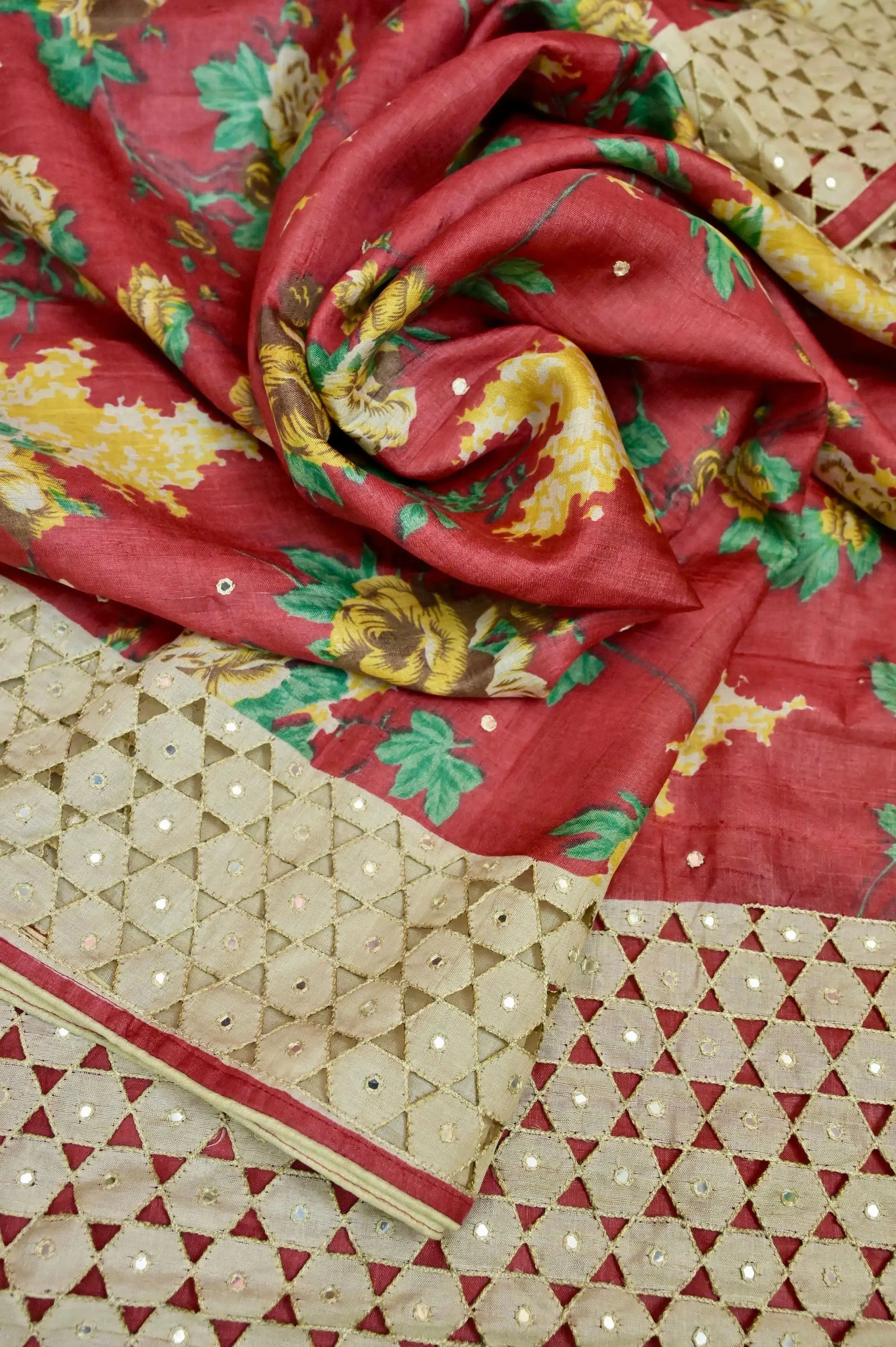 Tomato Red Color Tussar Silk Saree with Digital Print and Hand Cutwork Pallu with Mirror Work