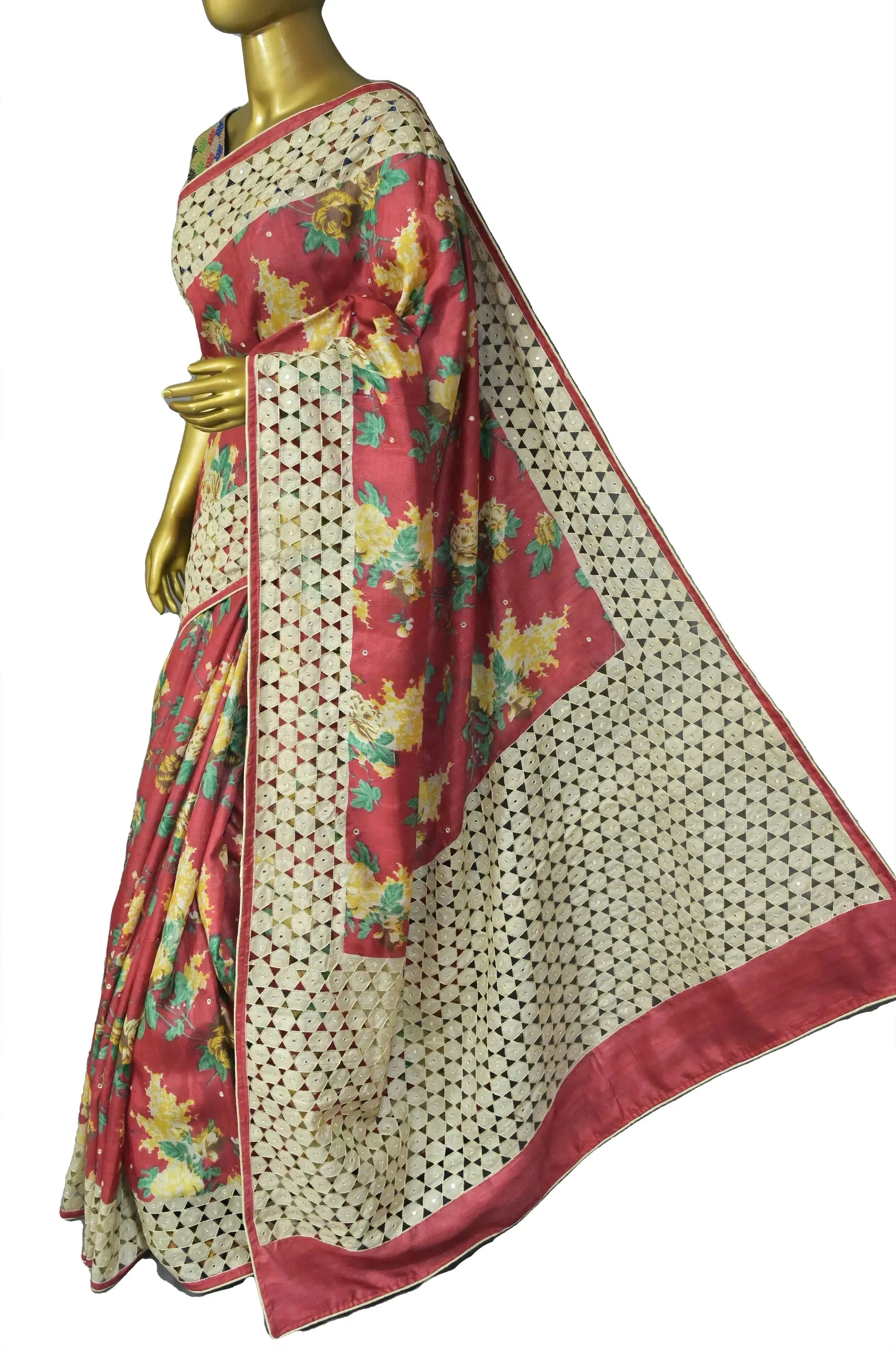 Tomato Red Color Tussar Silk Saree with Digital Print and Hand Cutwork Pallu with Mirror Work