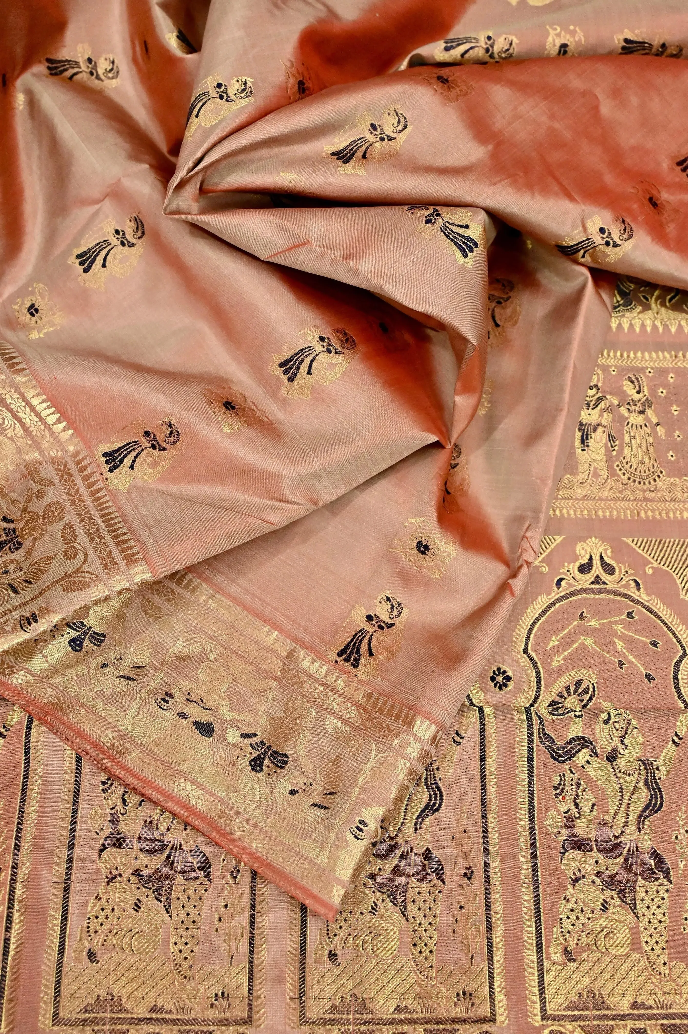 Tussar and Orange Dual Tone Color Pure Swarnachari Silk Saree