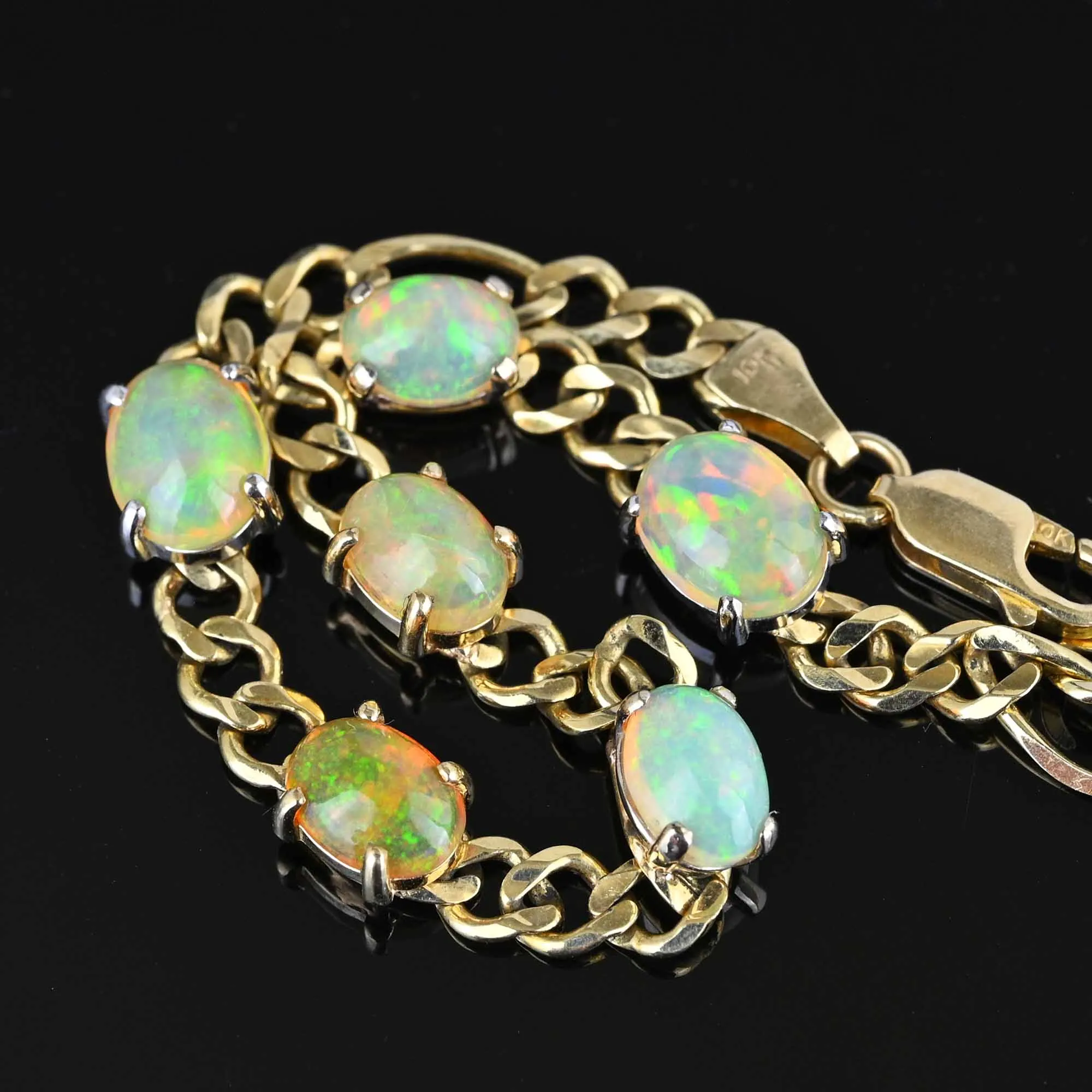 Vintage 10K Gold Curb Chain Opal Tennis Bracelet