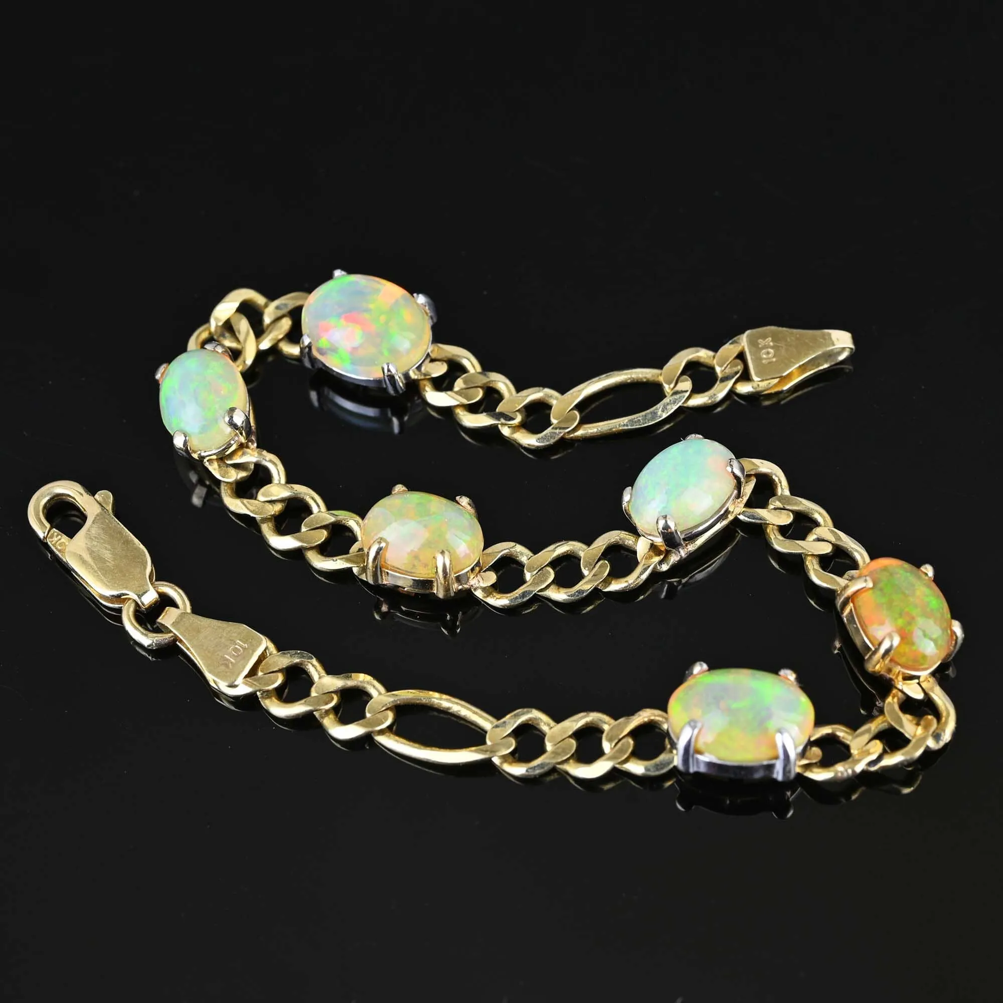 Vintage 10K Gold Curb Chain Opal Tennis Bracelet