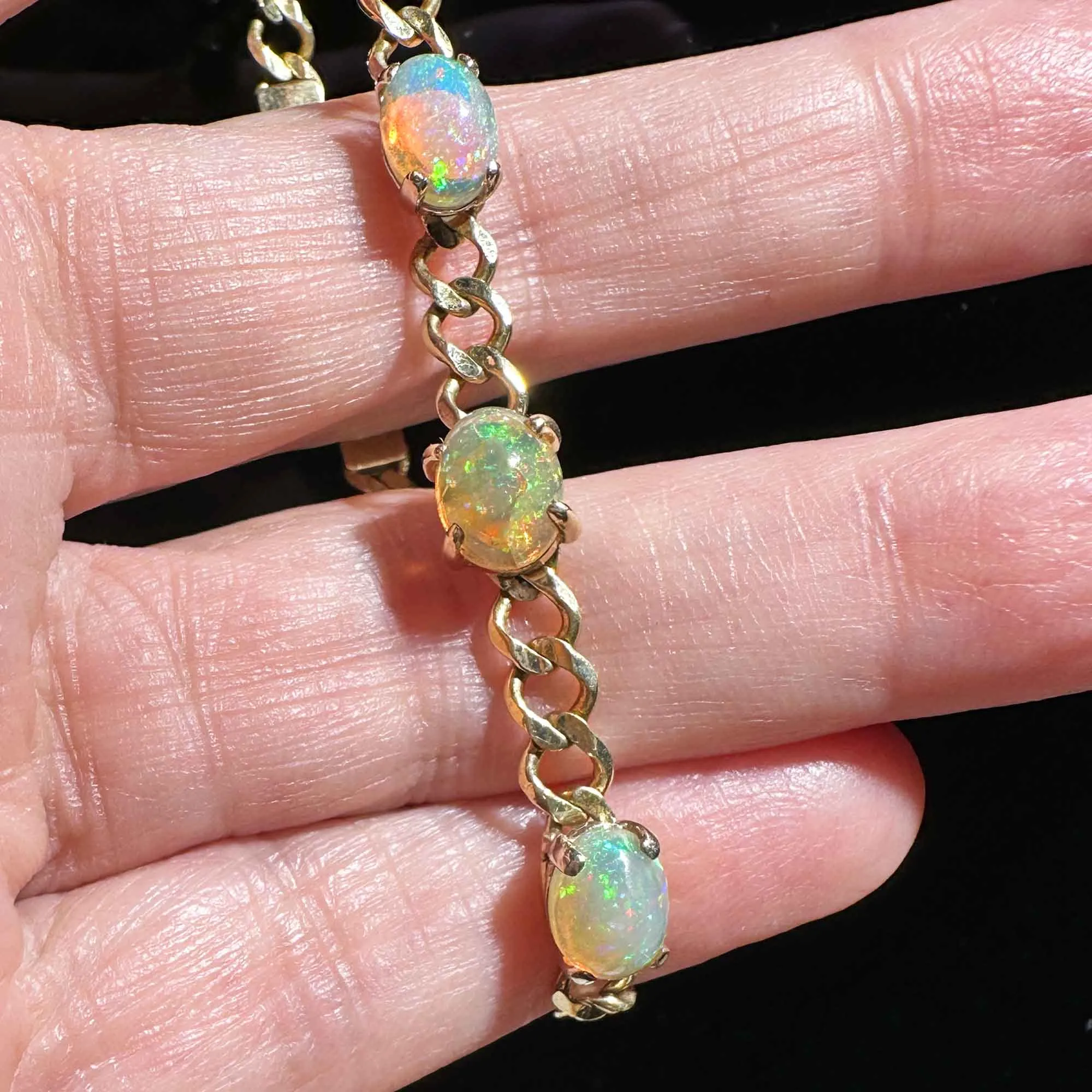 Vintage 10K Gold Curb Chain Opal Tennis Bracelet