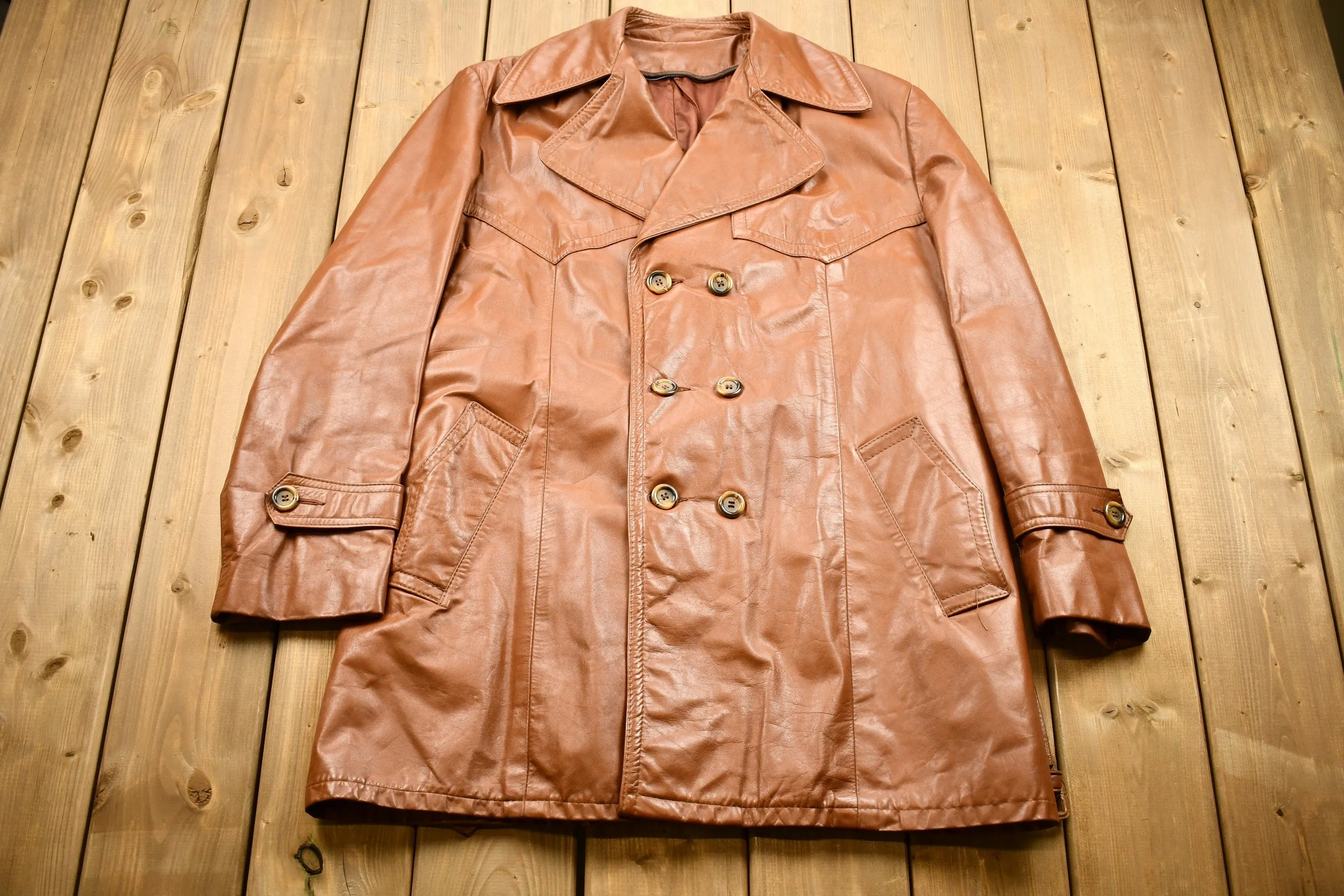 Vintage 1970s Burnt Orange Full Length Leather Trench Coat / Genuine Leather / Leather Coat / Button Up / Suede Jacket