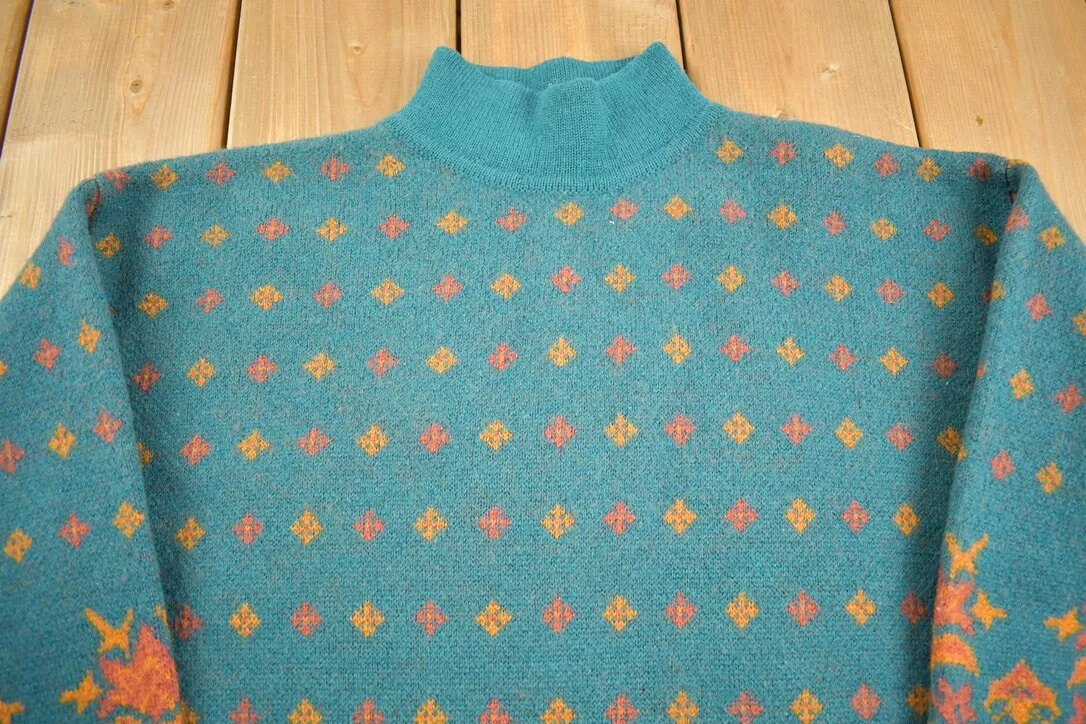 Vintage 1980s 100% Wool Patterned Mock Neck Sweater / Vintage 80s Cable Knit / All Over Pattern / Colourful Sweatshirt / Abstract Pattern