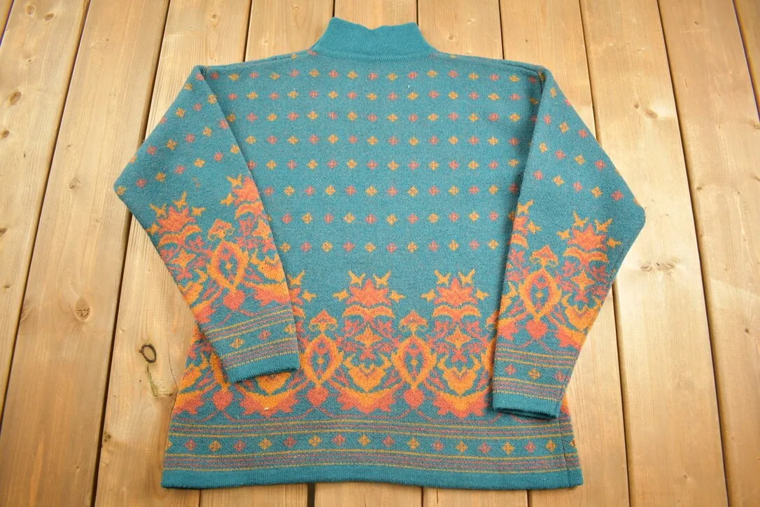 Vintage 1980s 100% Wool Patterned Mock Neck Sweater / Vintage 80s Cable Knit / All Over Pattern / Colourful Sweatshirt / Abstract Pattern