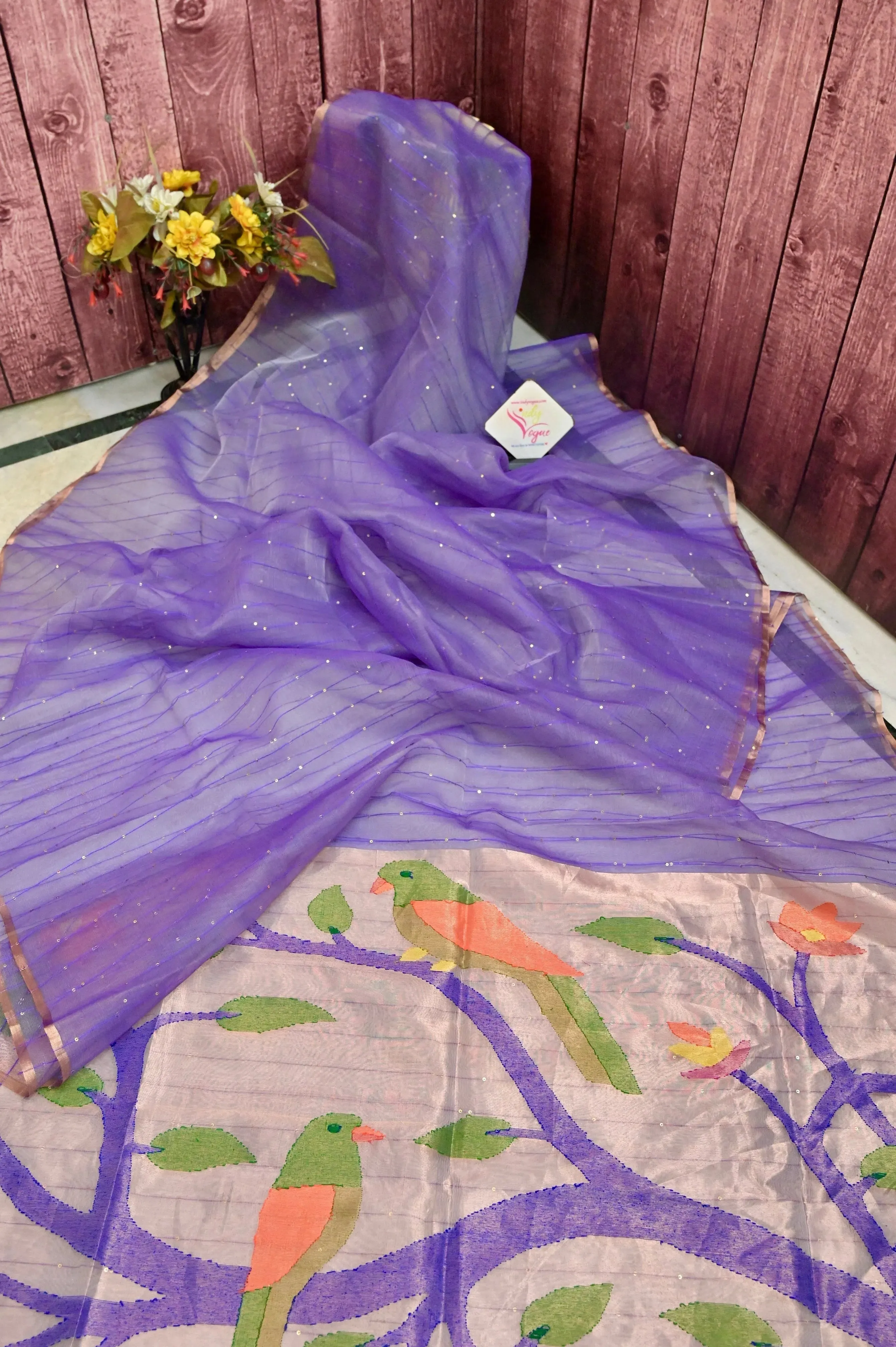 Violet Color Muslin Saree with Allover Sequin Work and Paithani Design Pallu