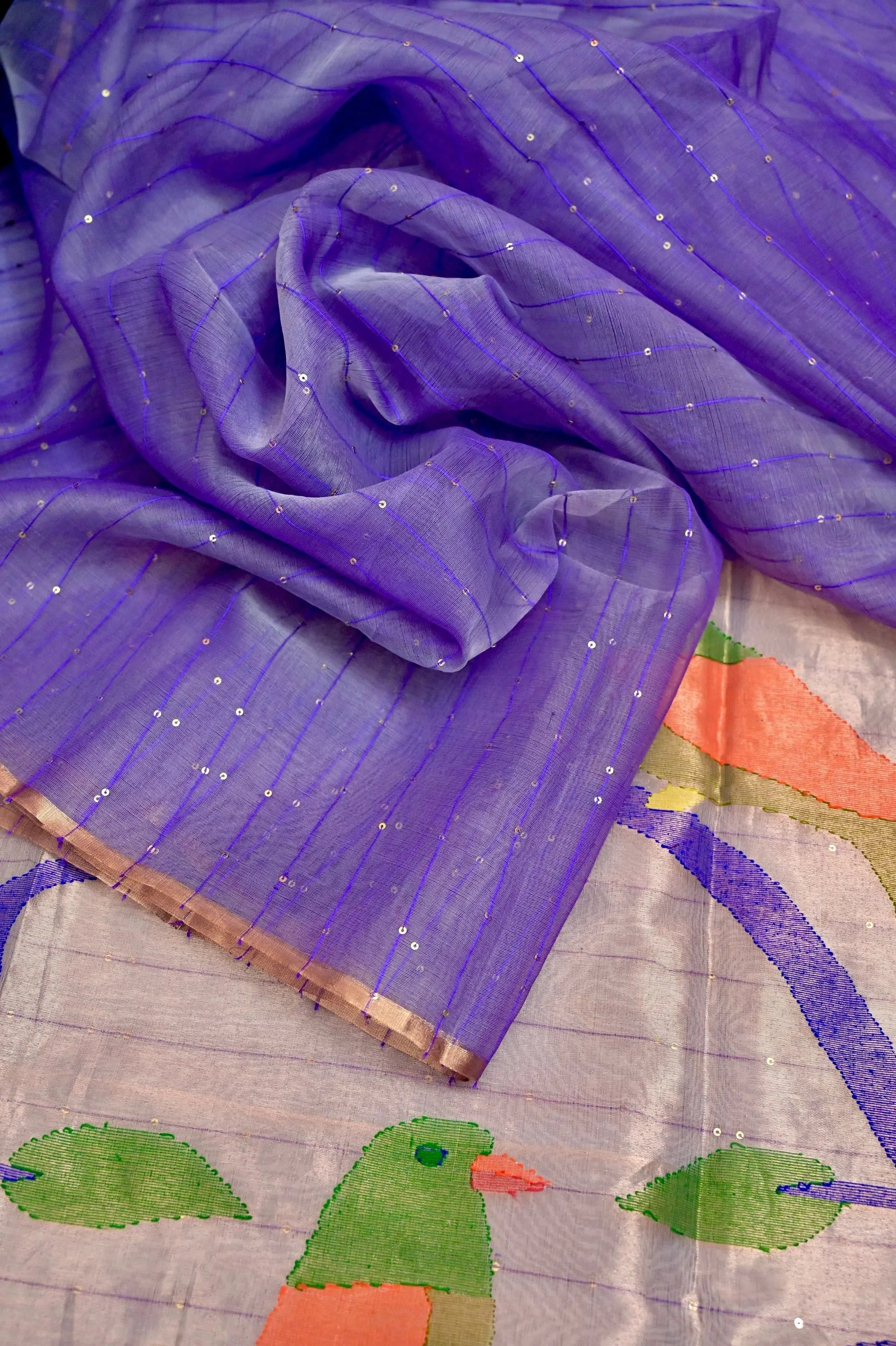 Violet Color Muslin Saree with Allover Sequin Work and Paithani Design Pallu