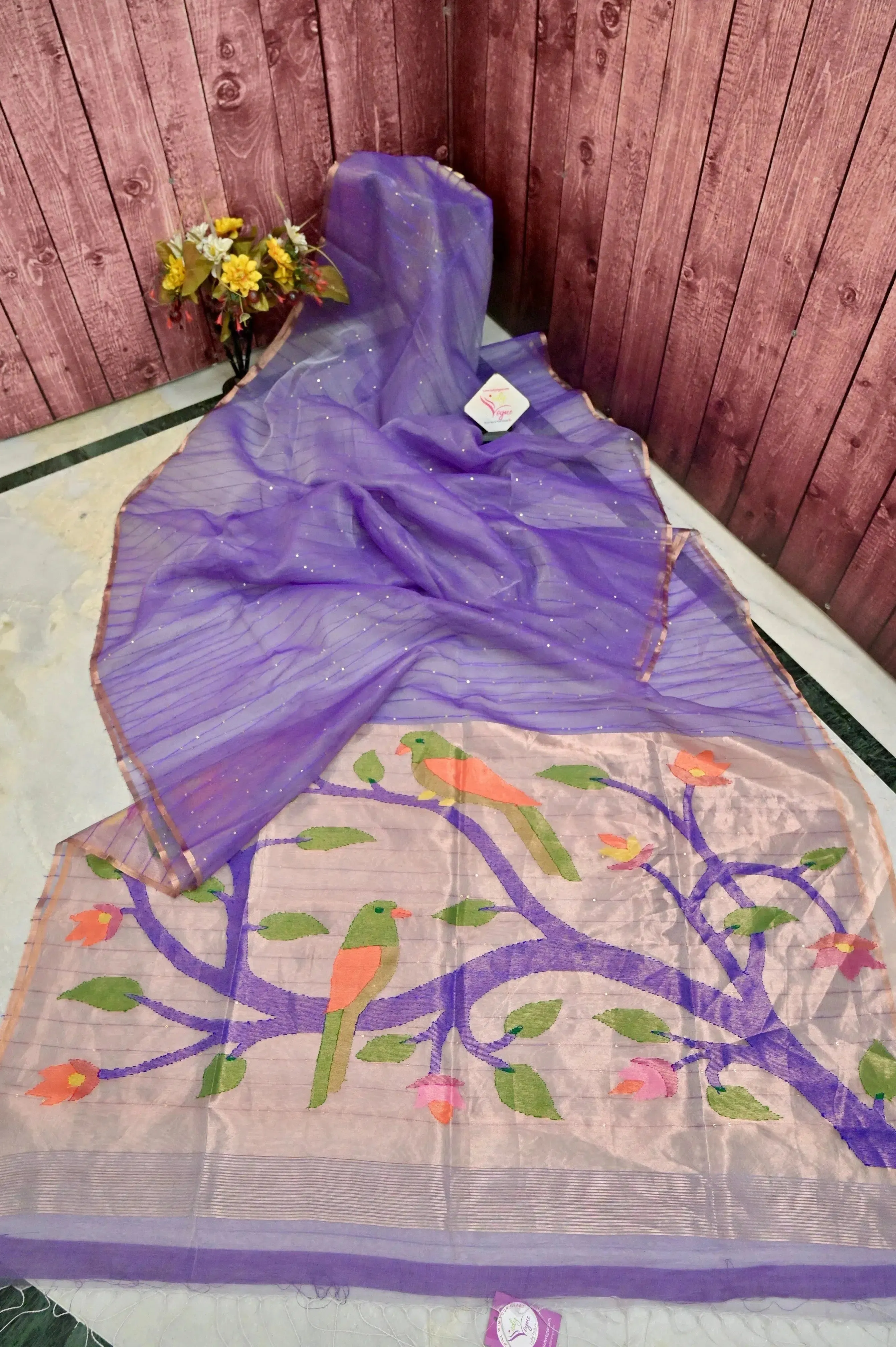 Violet Color Muslin Saree with Allover Sequin Work and Paithani Design Pallu